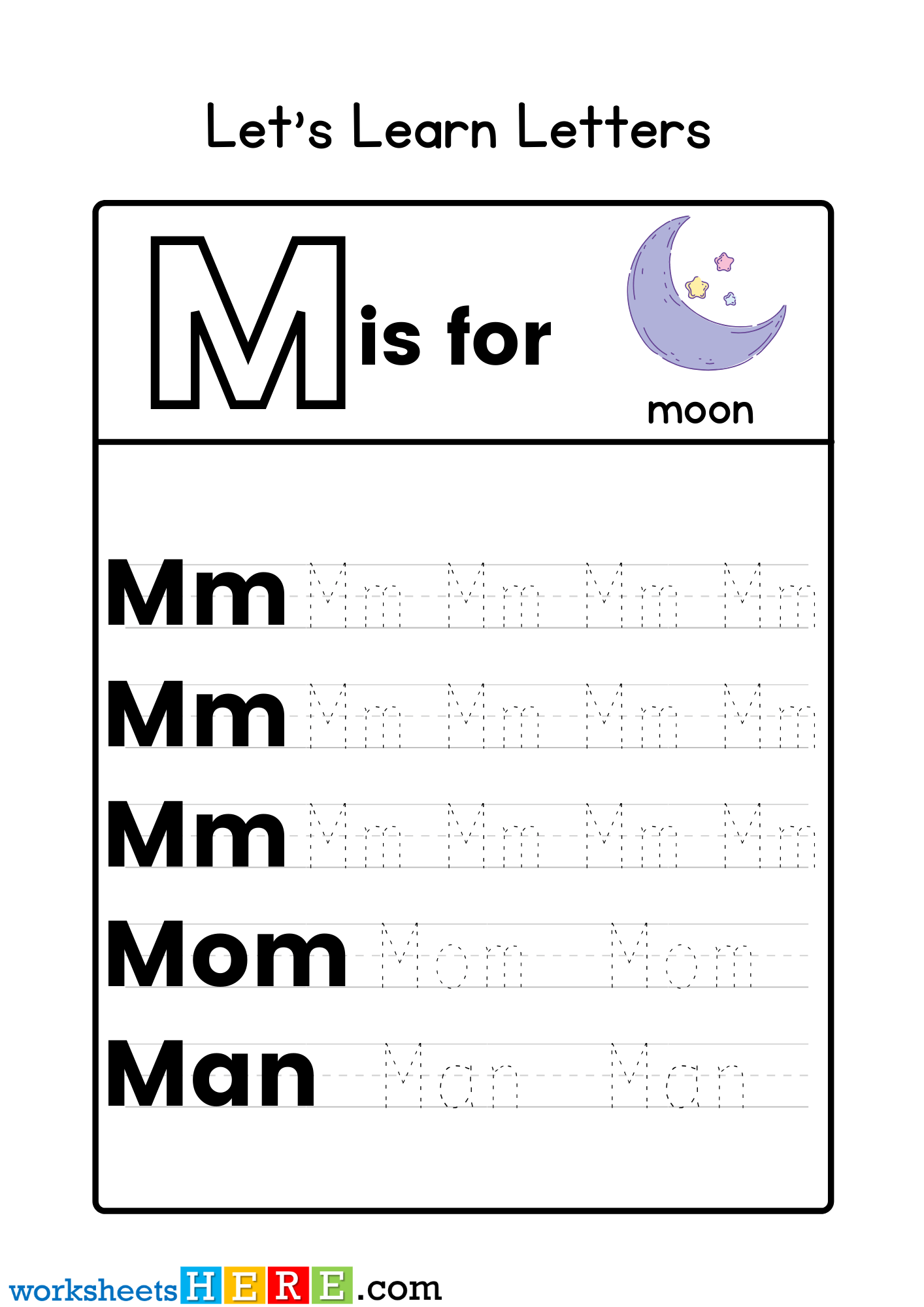 Learn Letters, Letter M Tracing Activity PDF Worksheet for Kindergarten