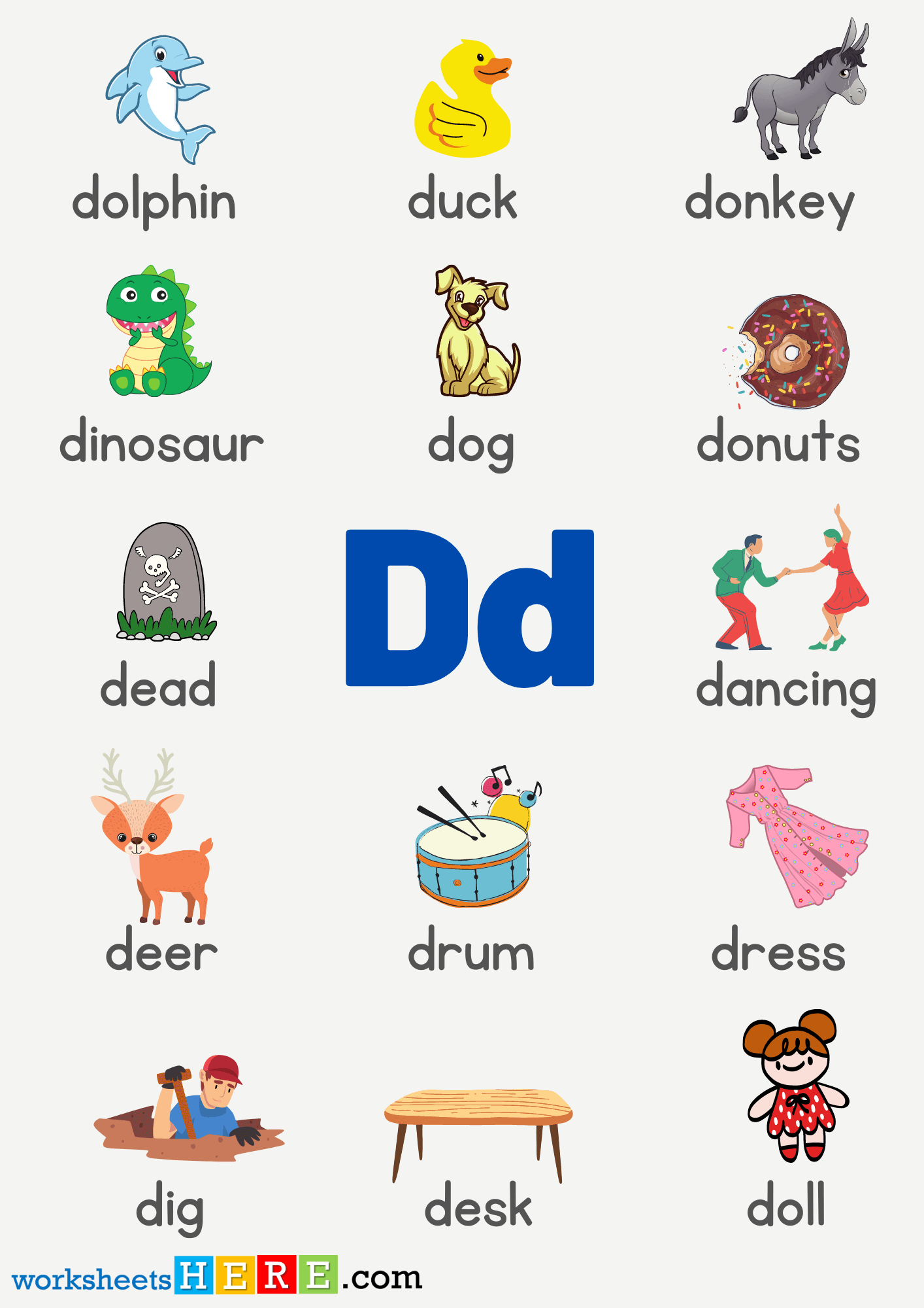 Letter D Vocabulary with Pictures, Alphabet D Words PDF Worksheet For Kids