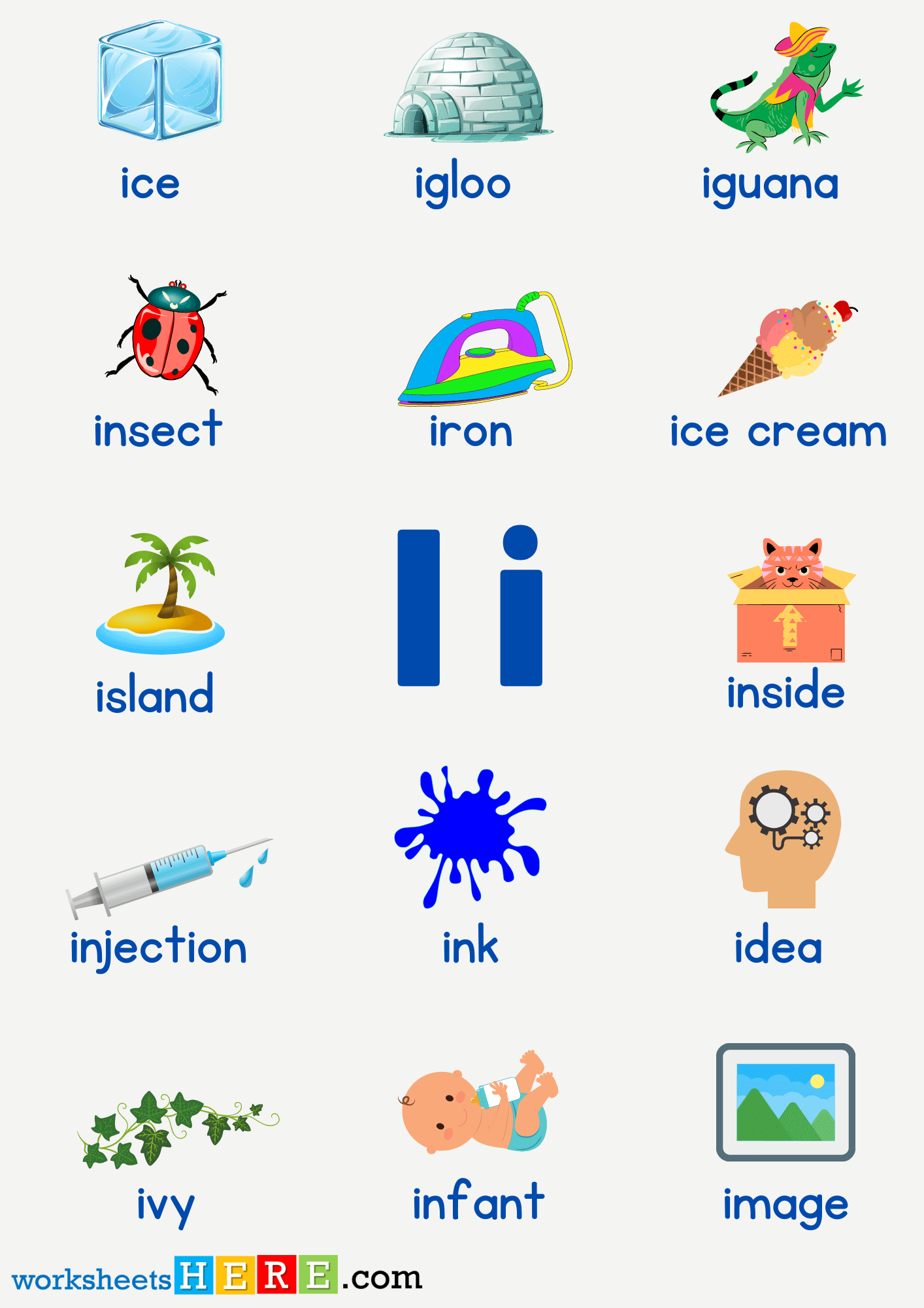 Letter I Vocabulary with Pictures, Alphabet I Words PDF Worksheet For Kids