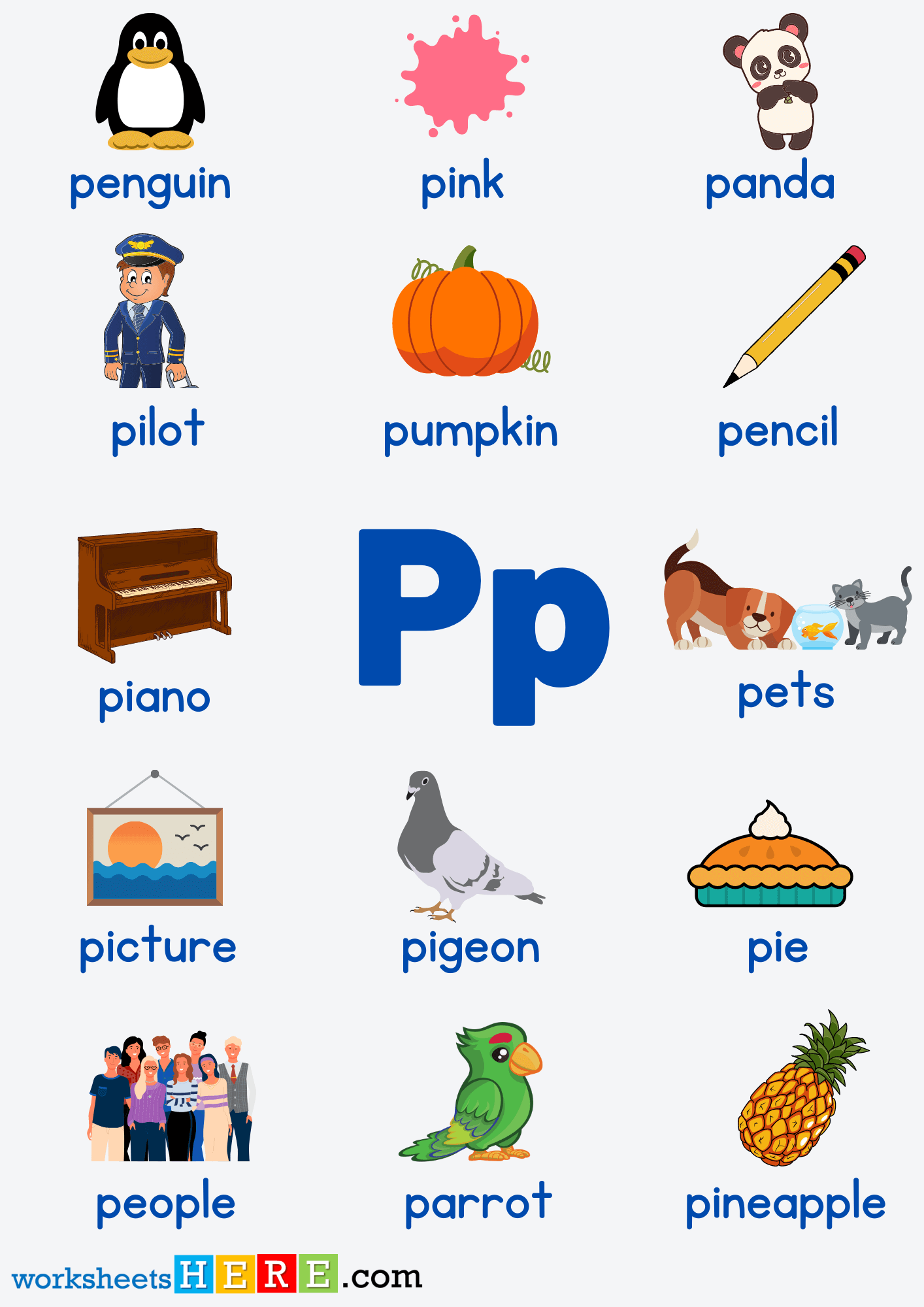 Letter P Vocabulary with Pictures, Alphabet P Words PDF Worksheet For Kids