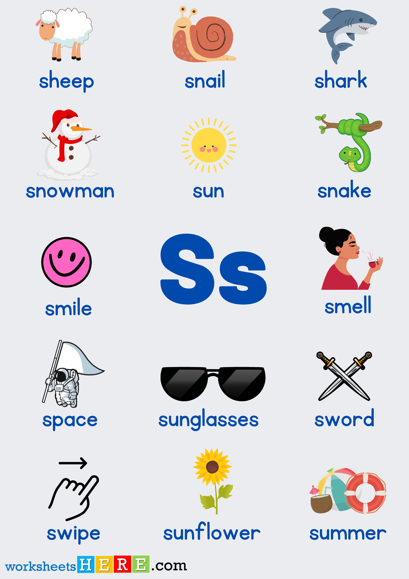 Letter S Vocabulary with Pictures, Alphabet S Words PDF Worksheet For Kids