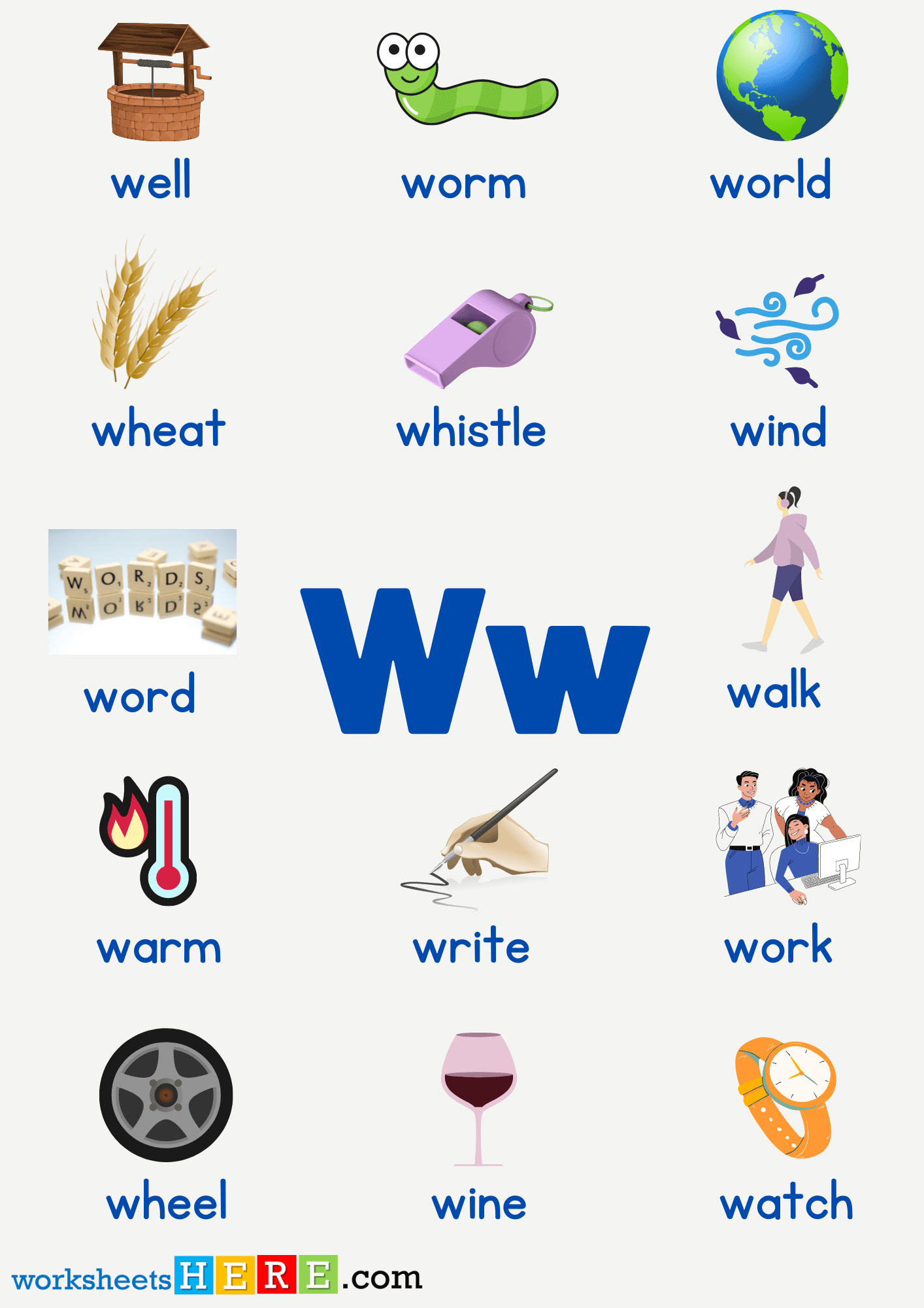 Letter W Vocabulary with Pictures, Alphabet W Words PDF Worksheet For Kids