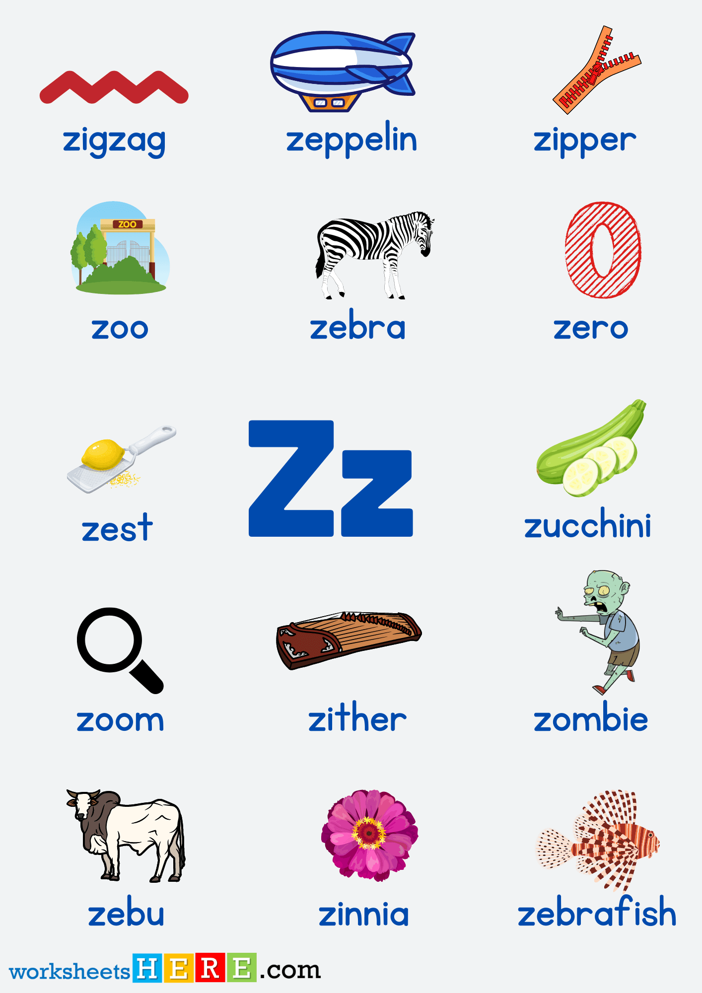 Letter Z Vocabulary with Pictures, Alphabet Z Words PDF Worksheet For Kids