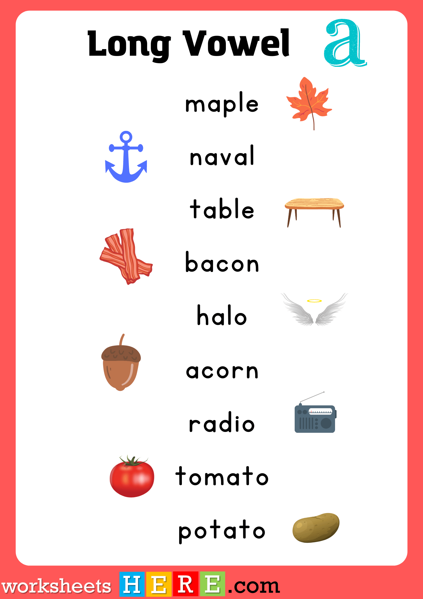 Long Vowel A Words List With Pictures, Long Vowel A PDF Worksheet For Kindergarten