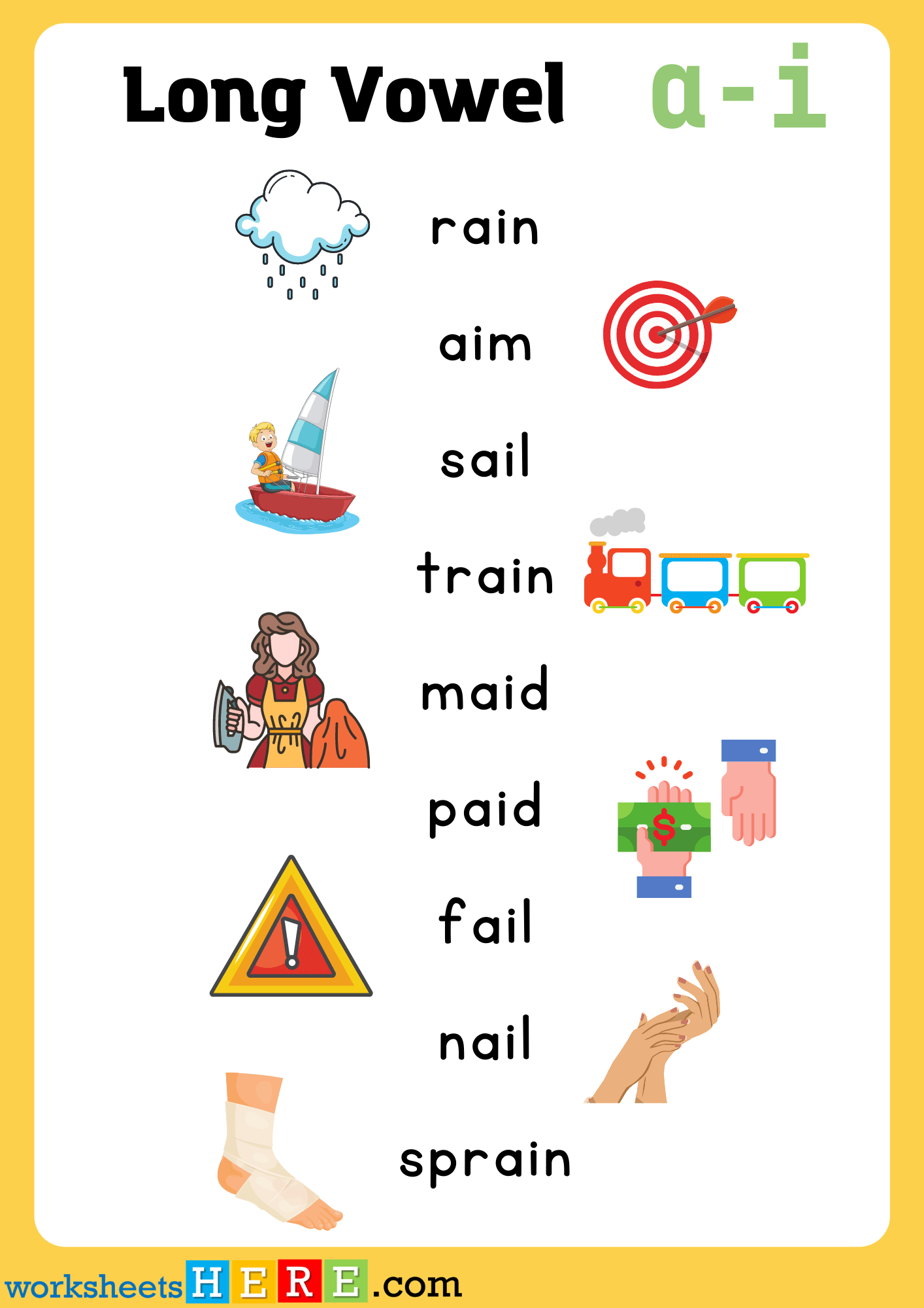 Long Vowel a-i Words List With Pictures, Long Vowel a-i PDF Worksheet For Kids