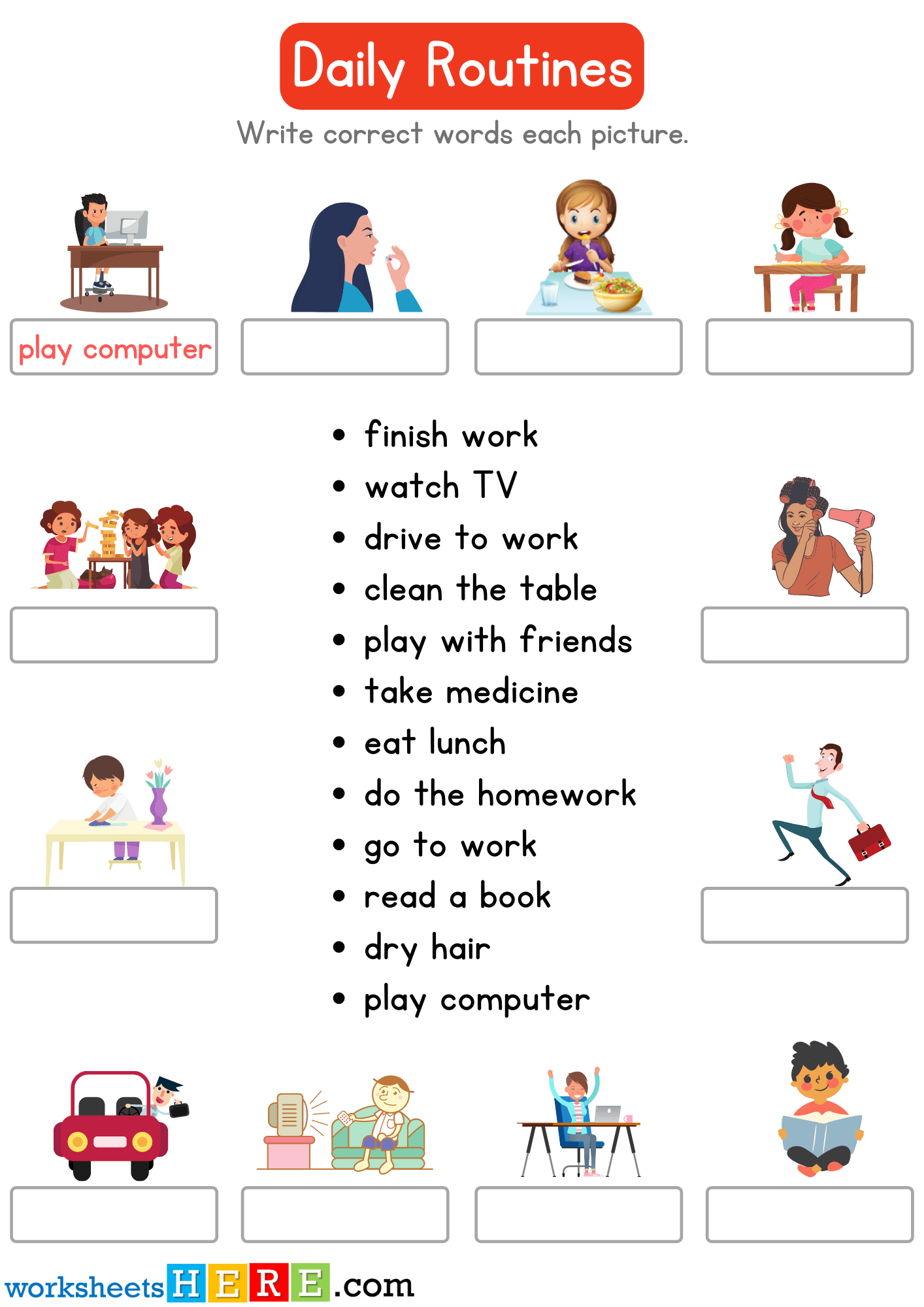 Look at The Picture and Write Correct Daily Routines Verbs PDF Worksheet For Kindergarten