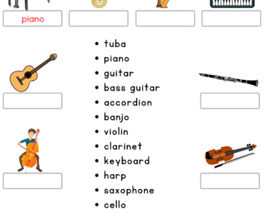 Look at The Picture and Write Correct Musical Instruments Name PDF Worksheet For Kids