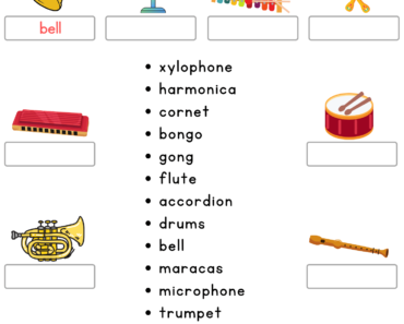 Look at The Picture and Write Correct Musical Instruments Name PDF Worksheet For Kindergarten