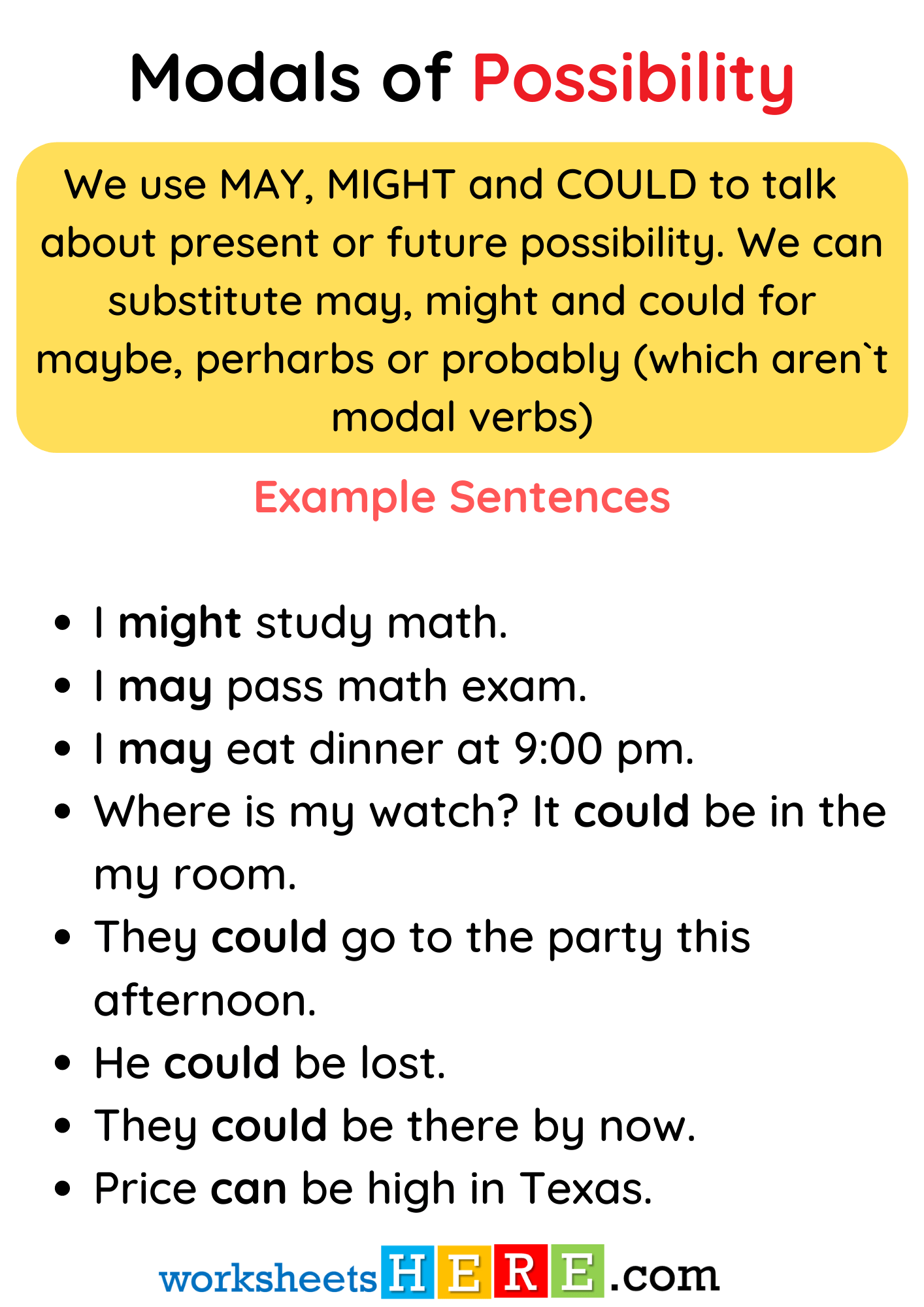 Modals of Possibility, Definition and Example Sentences PDF Worksheet For Kids and Students