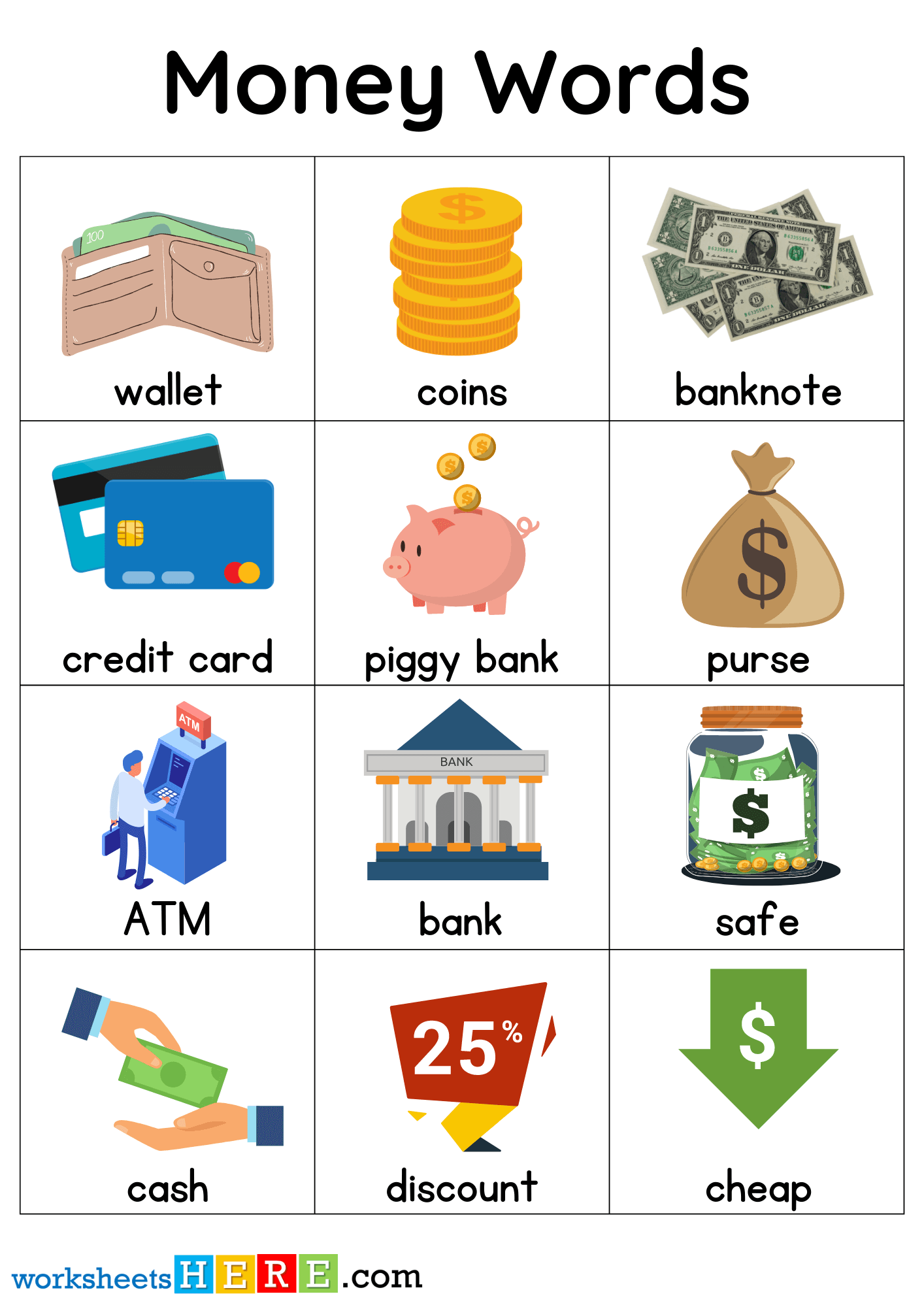 Money Related Words with Pictures, Kids Money Vocabulary Flashcards PDF Worksheets For Students