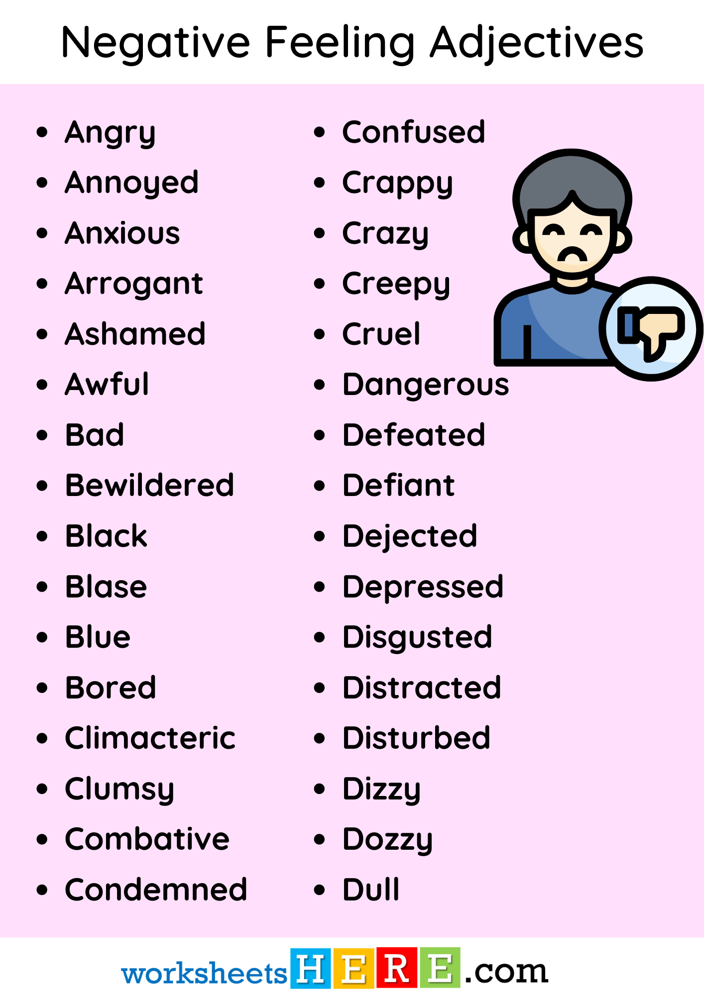 Negative Feeling Adjectives List in English PDF Worksheet For Students and Kids