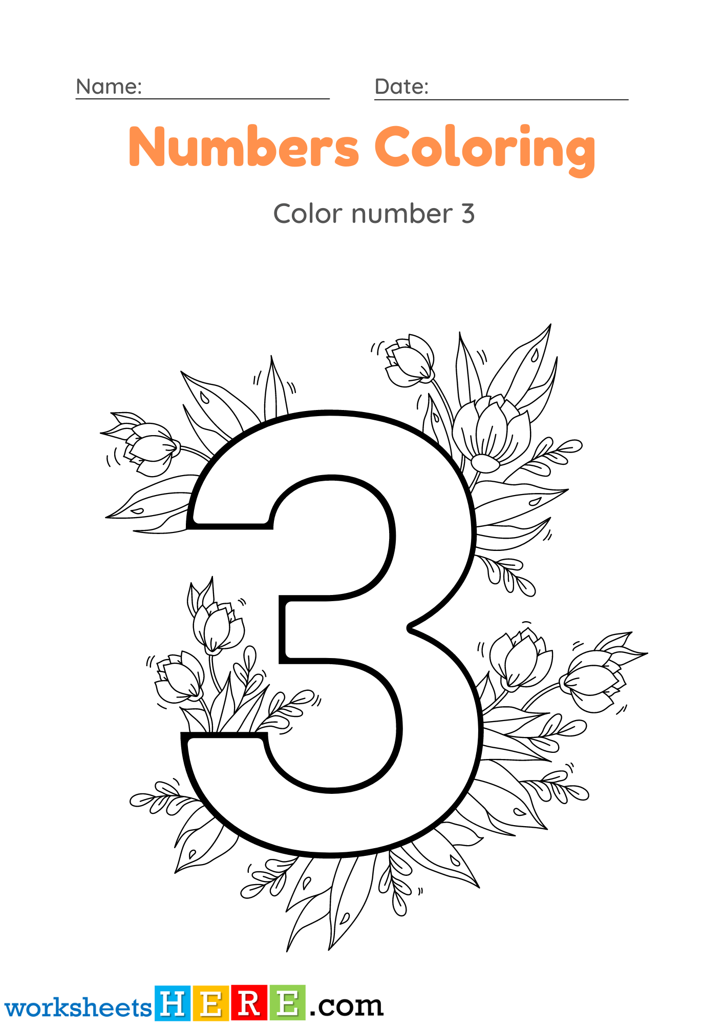 Numbers Coloring Activity, Color Number 3 PDF Worksheet For Kindergarten