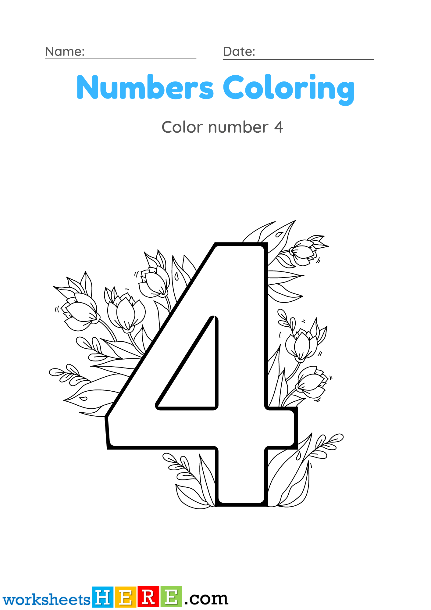 Numbers Coloring Activity, Color Number 4 PDF Worksheet For Kindergarten