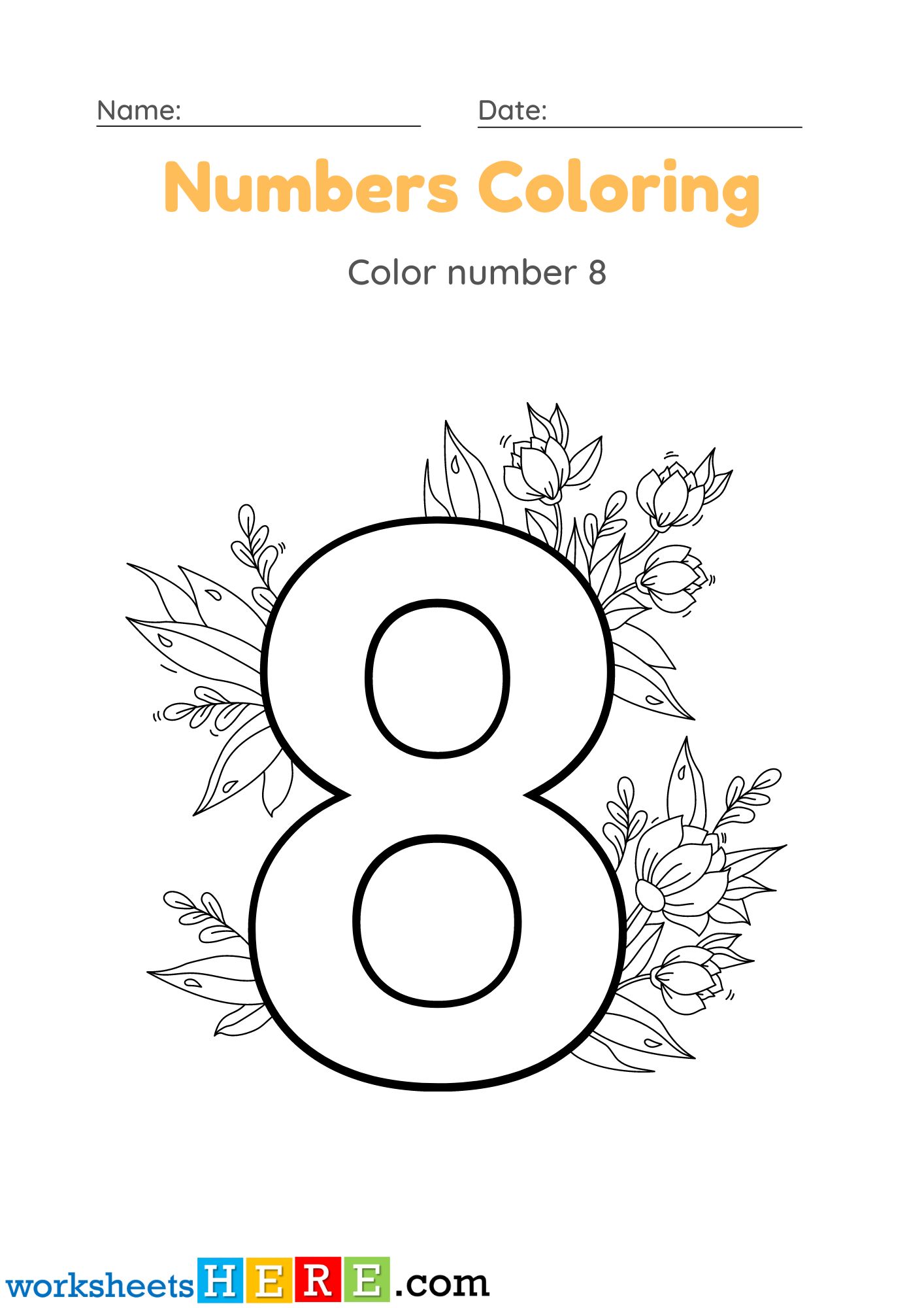 Numbers Coloring Activity, Color Number 8 PDF Worksheet For Kindergarten