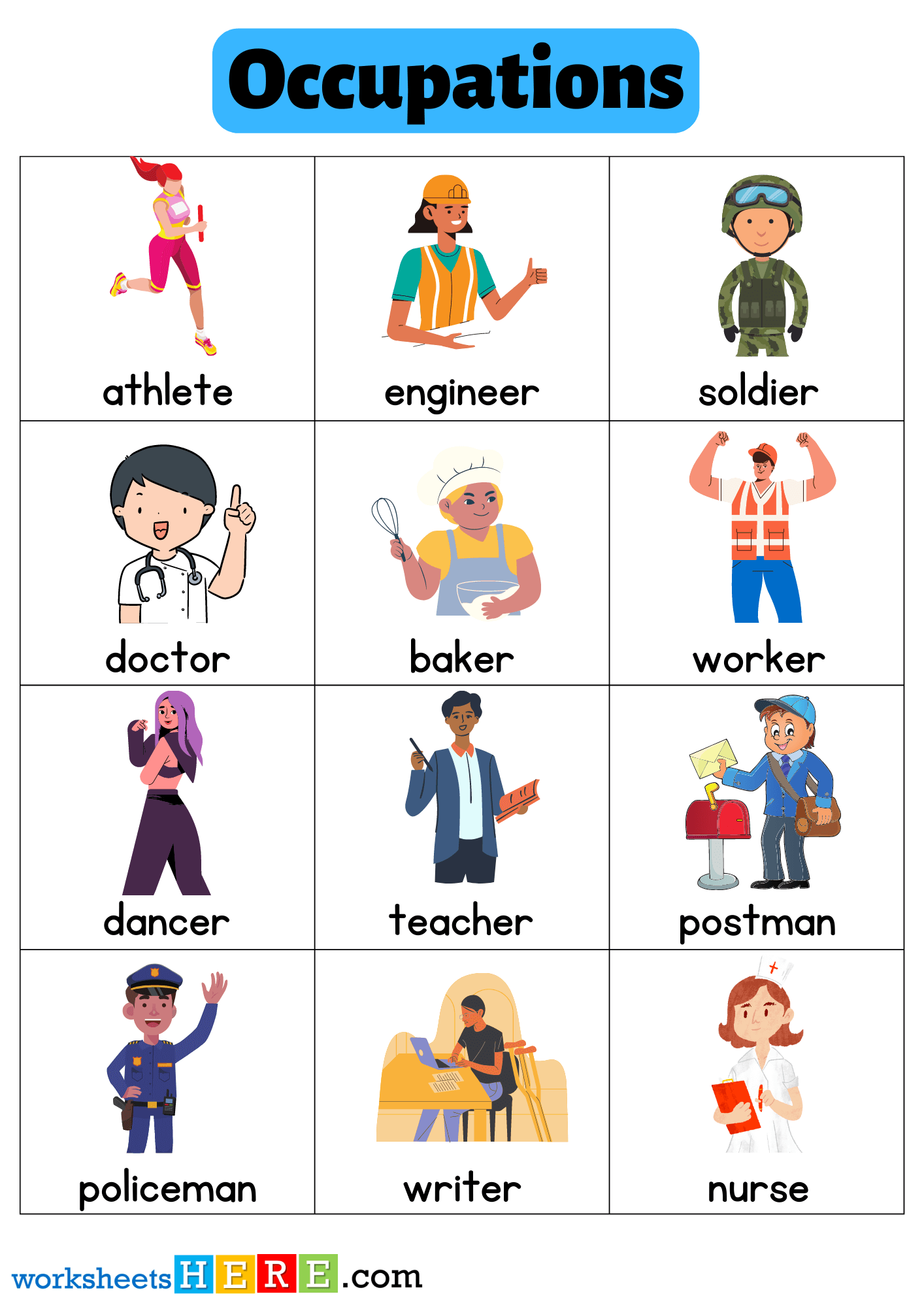 Occupations Names with Pictures, Occupations Flashcards PDF Worksheets For Kindergarten