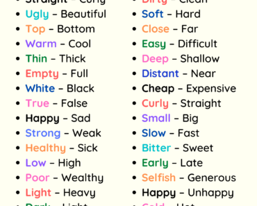 Opposite Adjectives Words List PDF Worksheet For Students and Kids