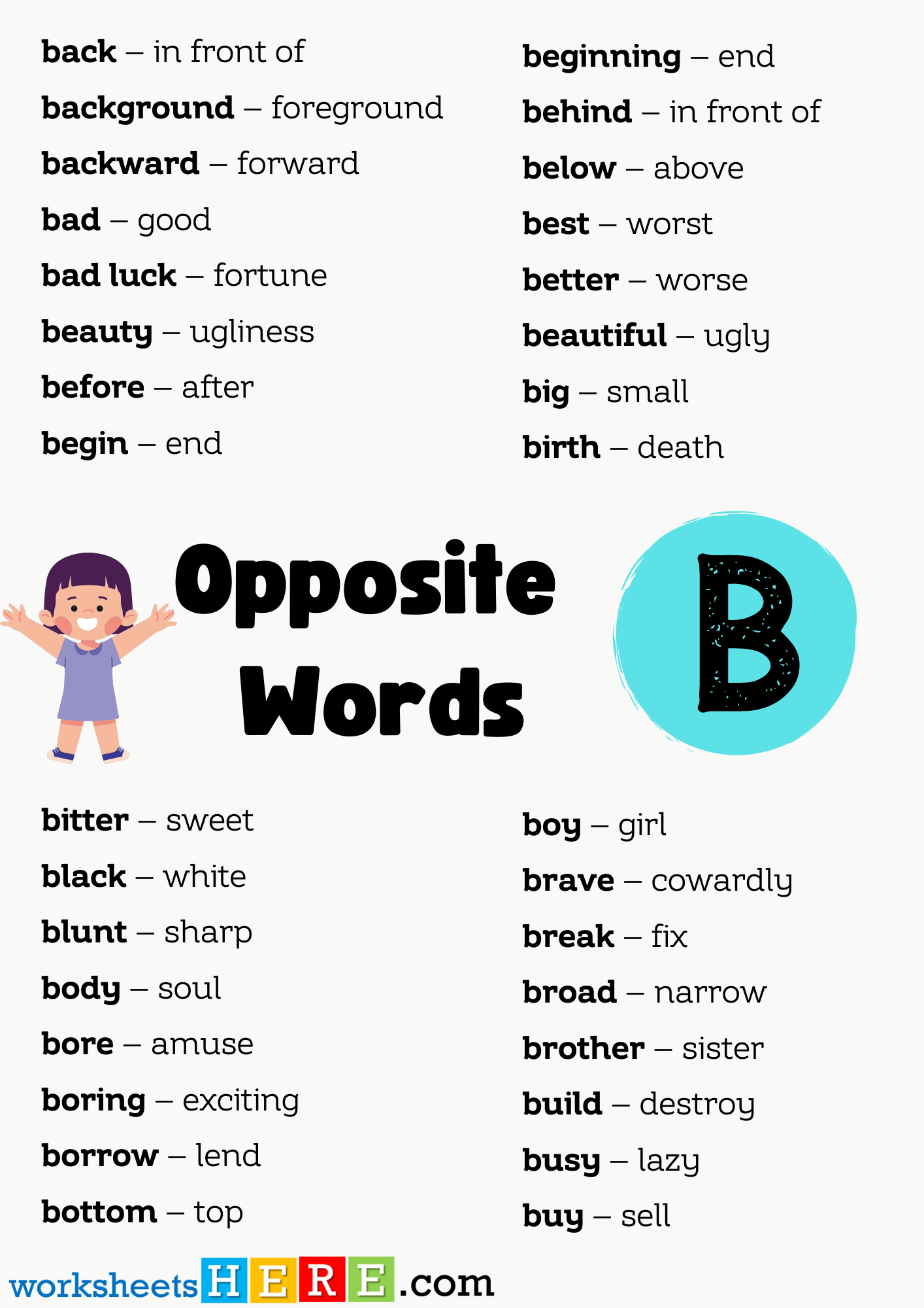 Opposite Words List Start with B PDF Worksheet For Students