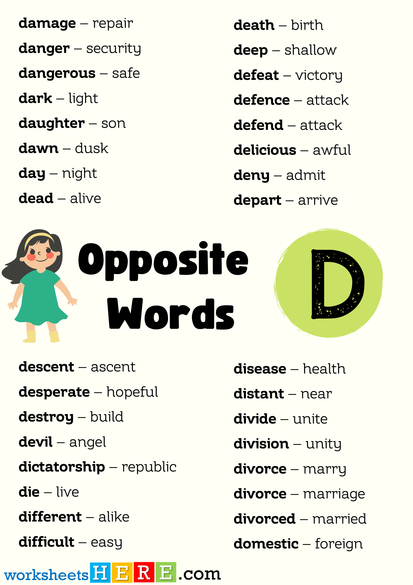 Opposite Words List Start with D PDF Worksheet For Students