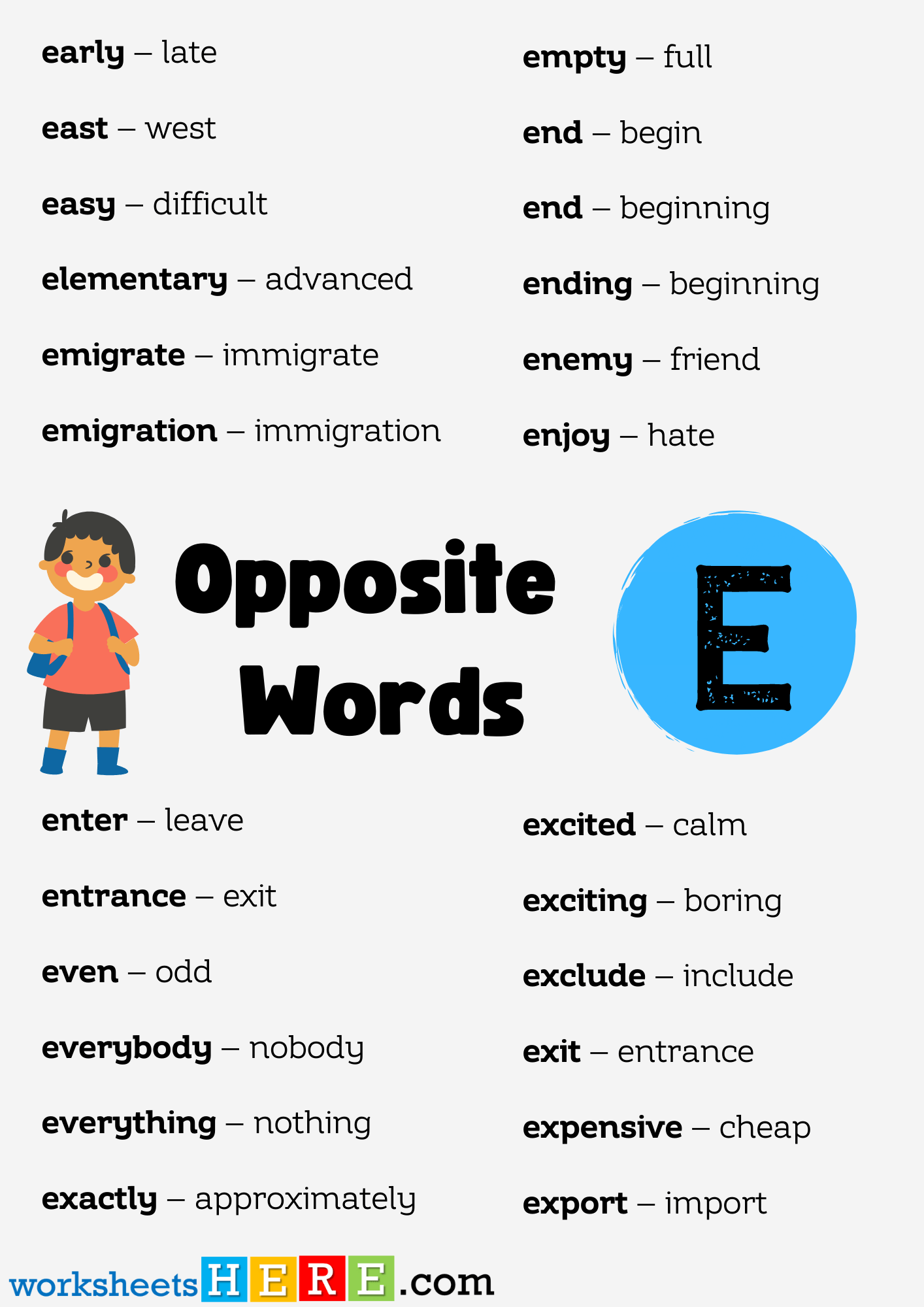 Opposite Words List Start with E PDF Worksheet For Students