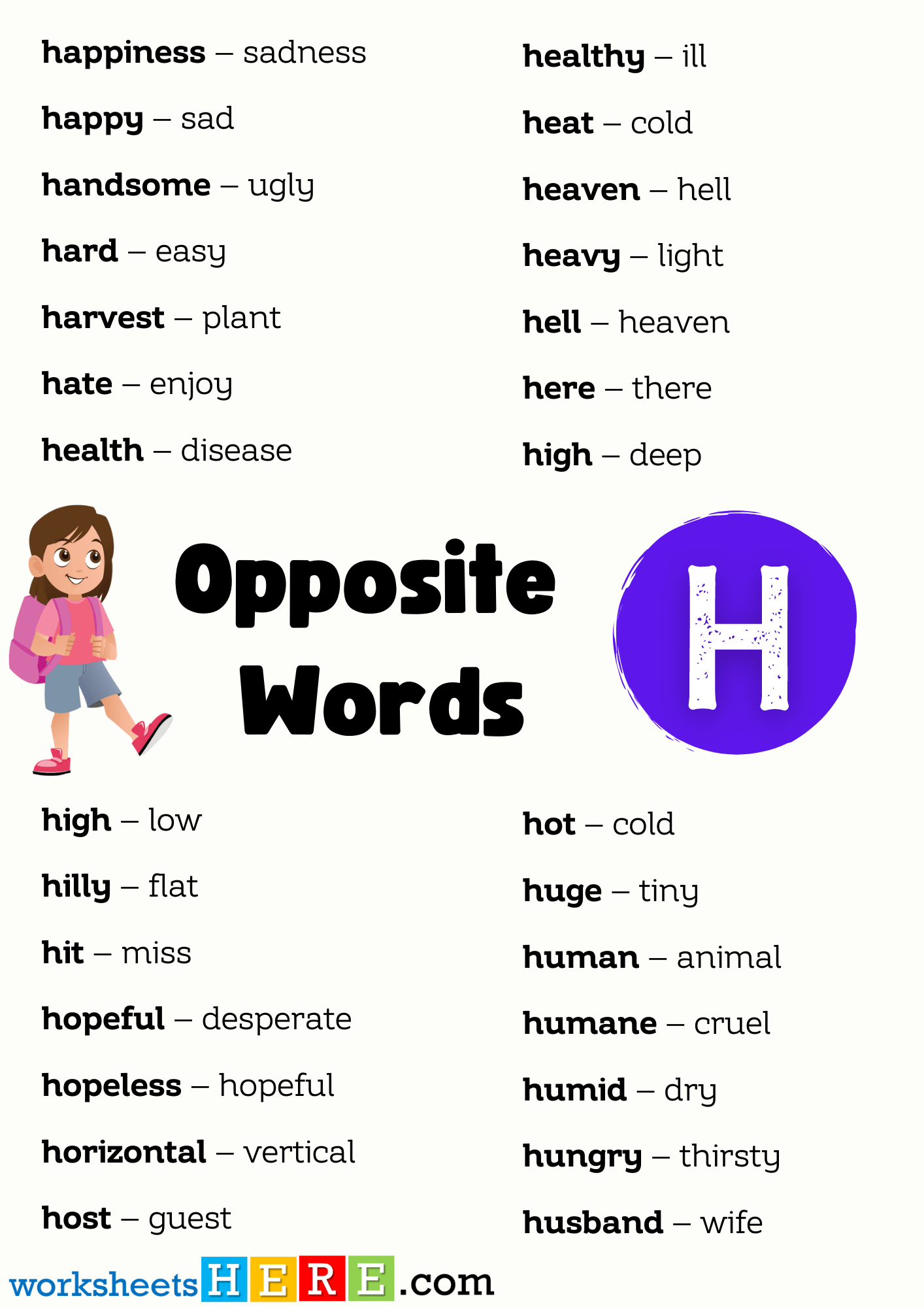 Opposite Words List Start with H PDF Worksheet For Students