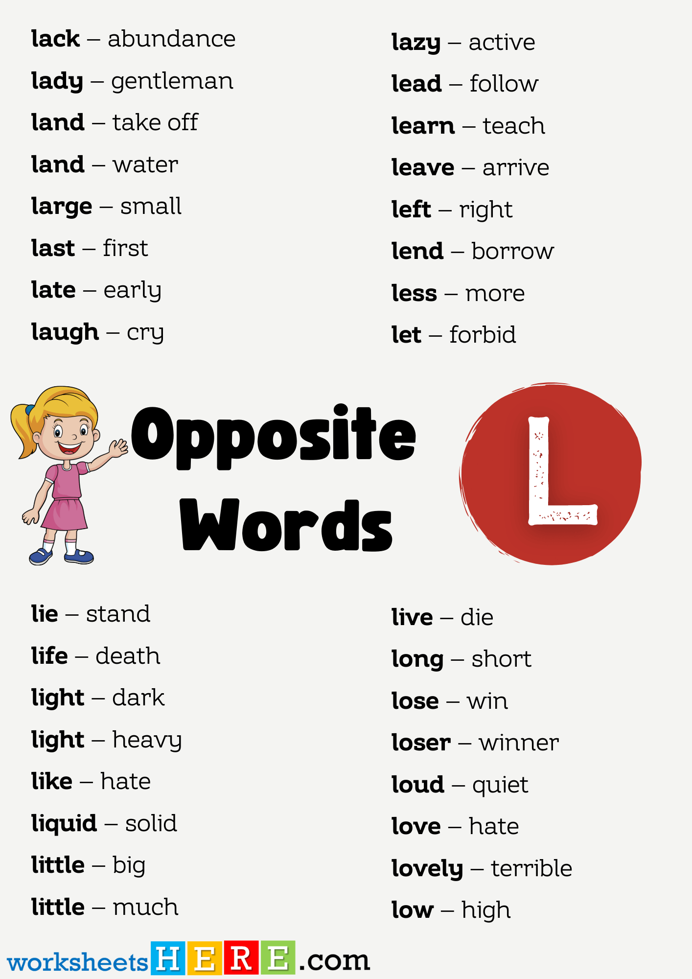 Opposite Words List Start with L PDF Worksheet For Students