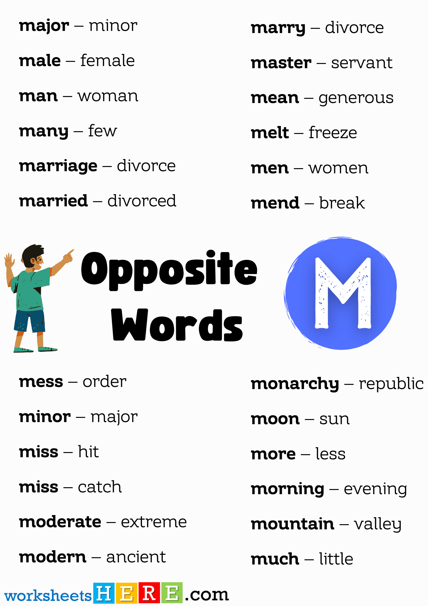Opposite Words List Start with M PDF Worksheet For Students