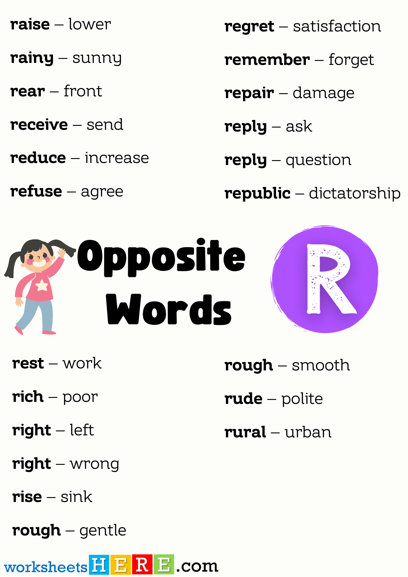Opposite Words List Start with R PDF Worksheet For Students