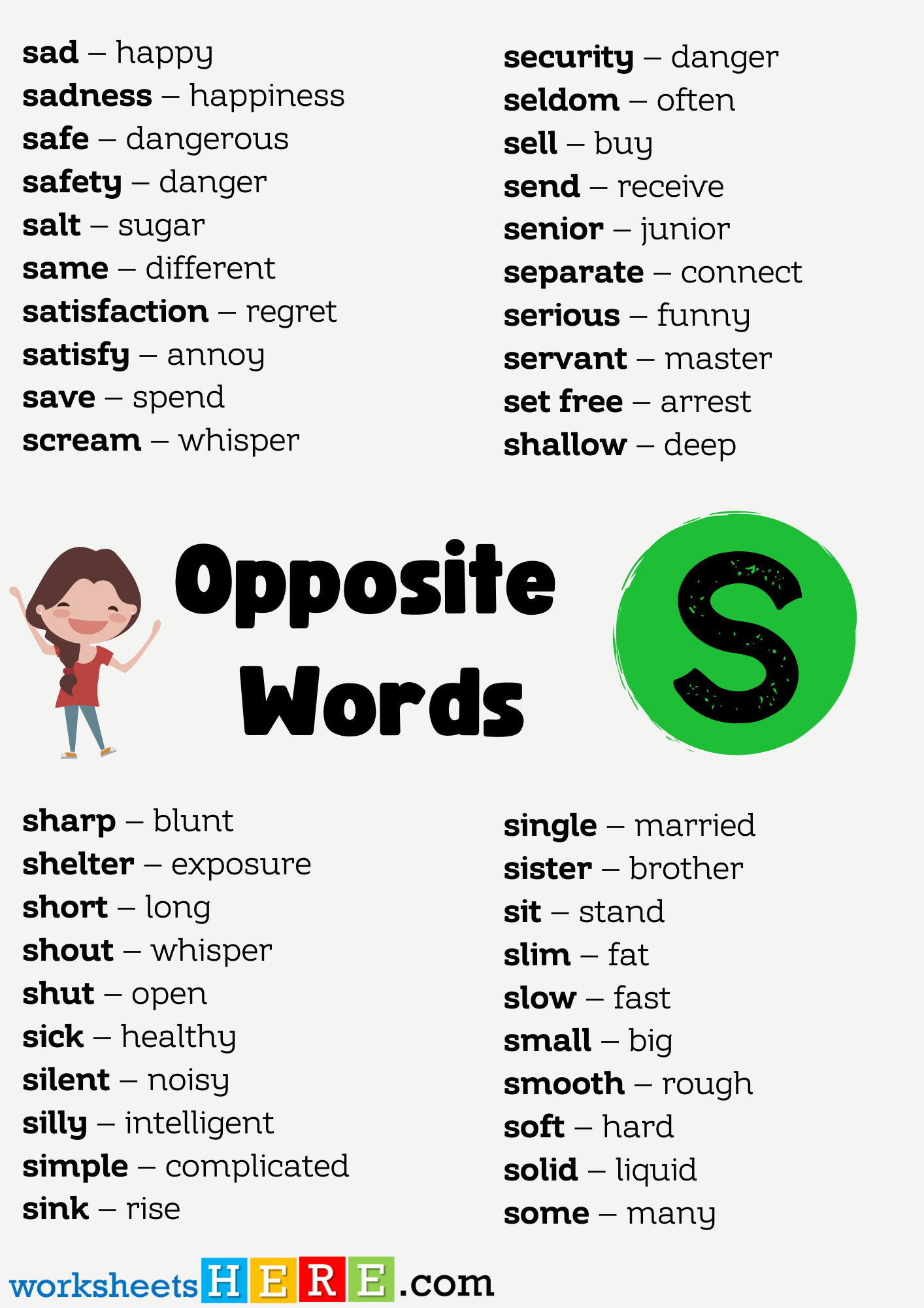 Opposite Words List Start with S PDF Worksheet For Students