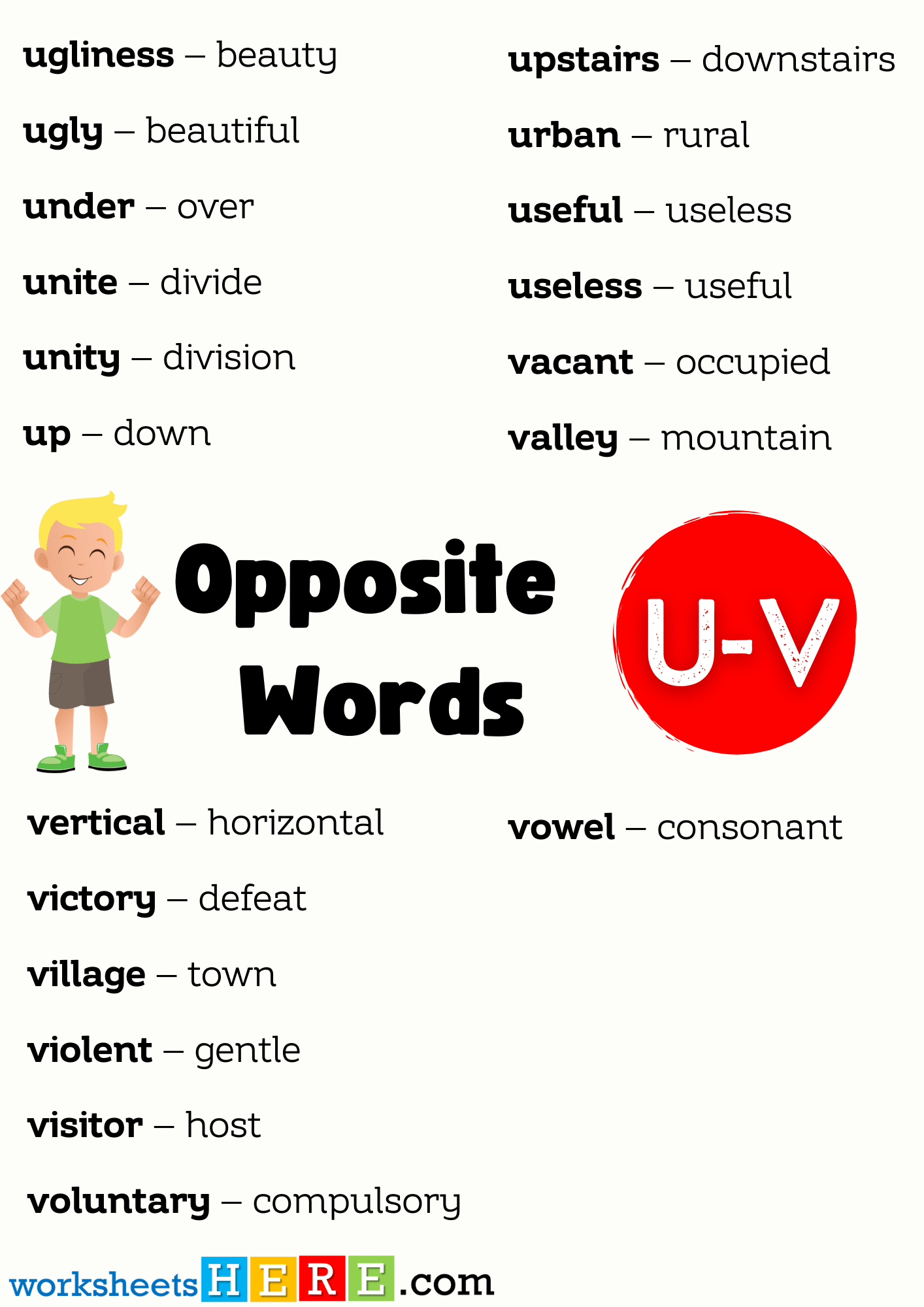 Opposite Words List Start with U, V PDF Worksheet For Students