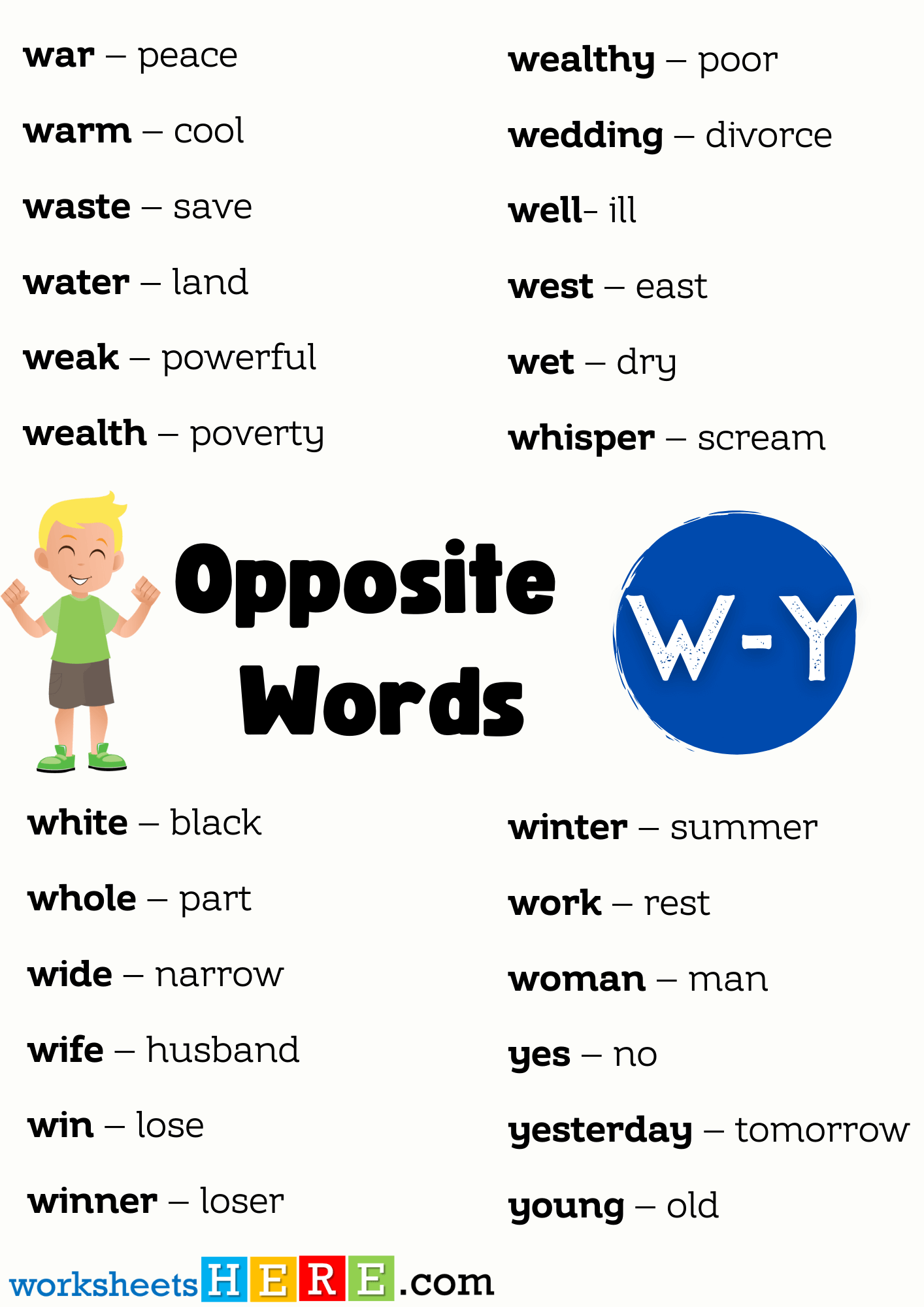 Opposite Words List Start with W, Y PDF Worksheet For Students