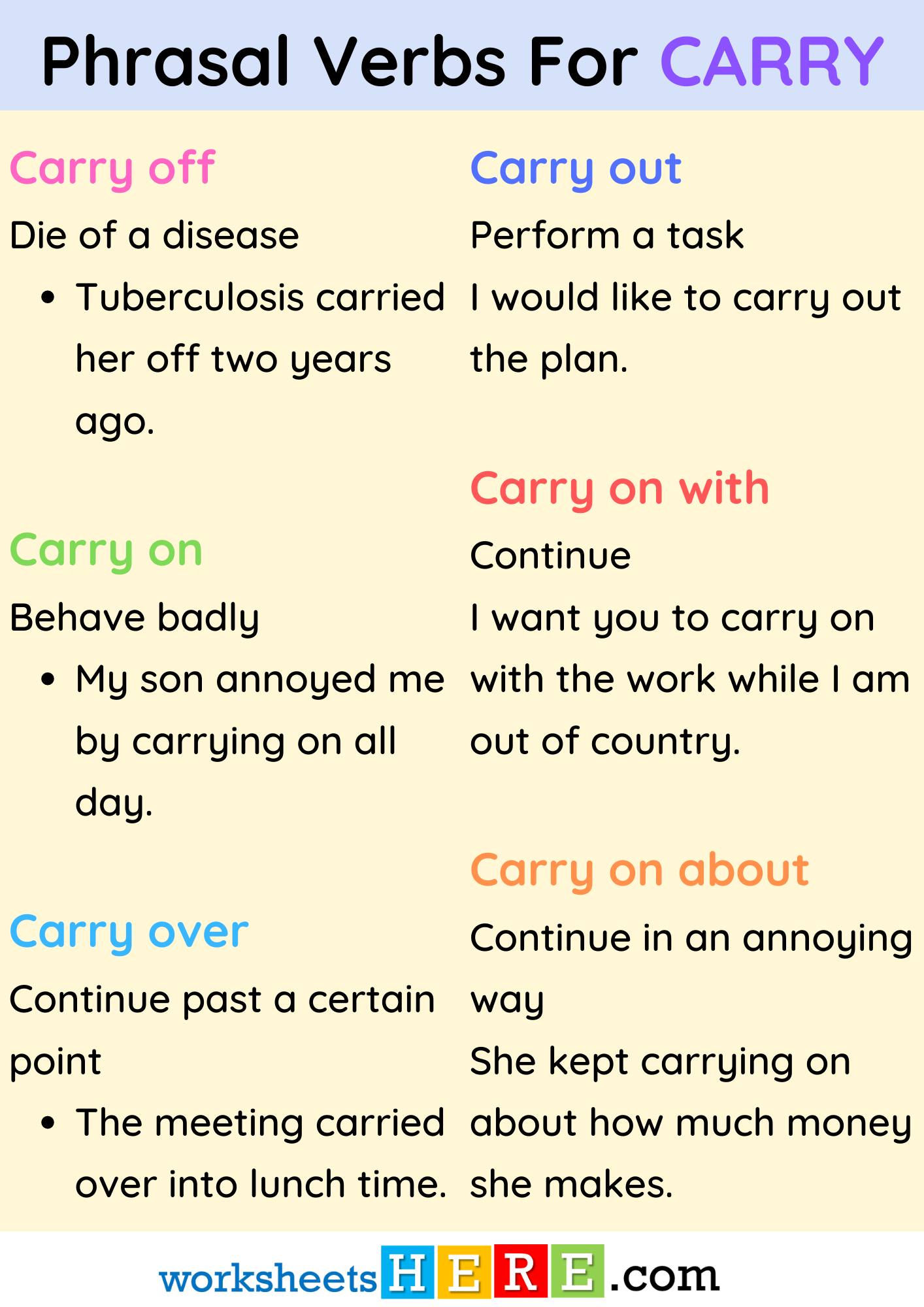 Phrasal Verbs with CARRY Definition and Example Sentences PDF Worksheet