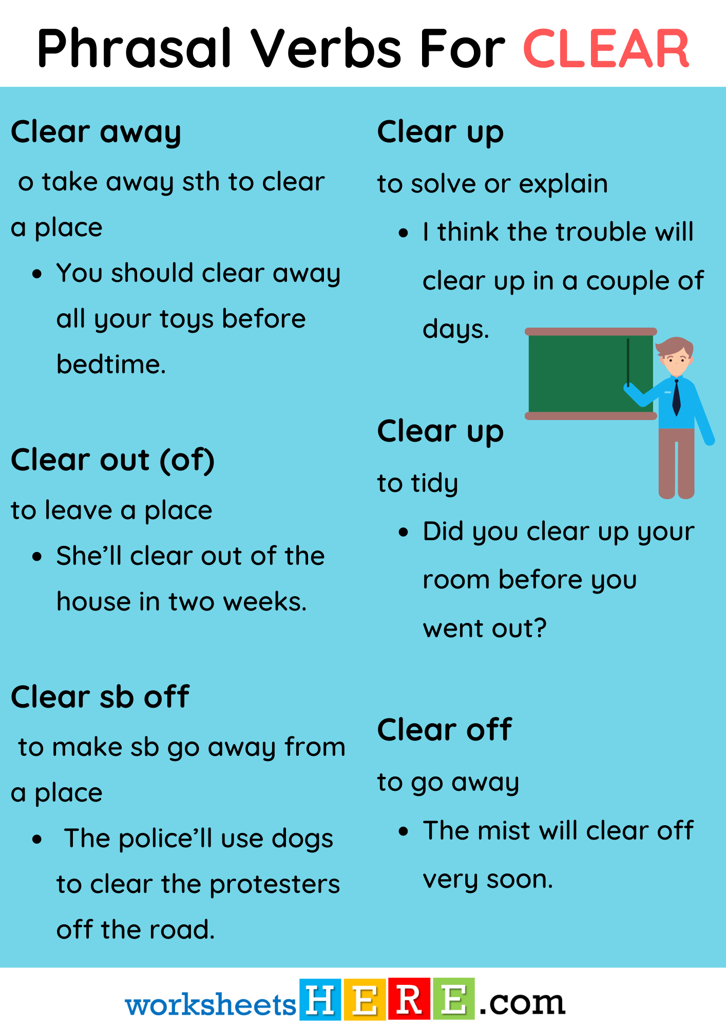 Phrasal Verbs with CLEAR Definition and Example Sentences PDF Worksheet For Kids