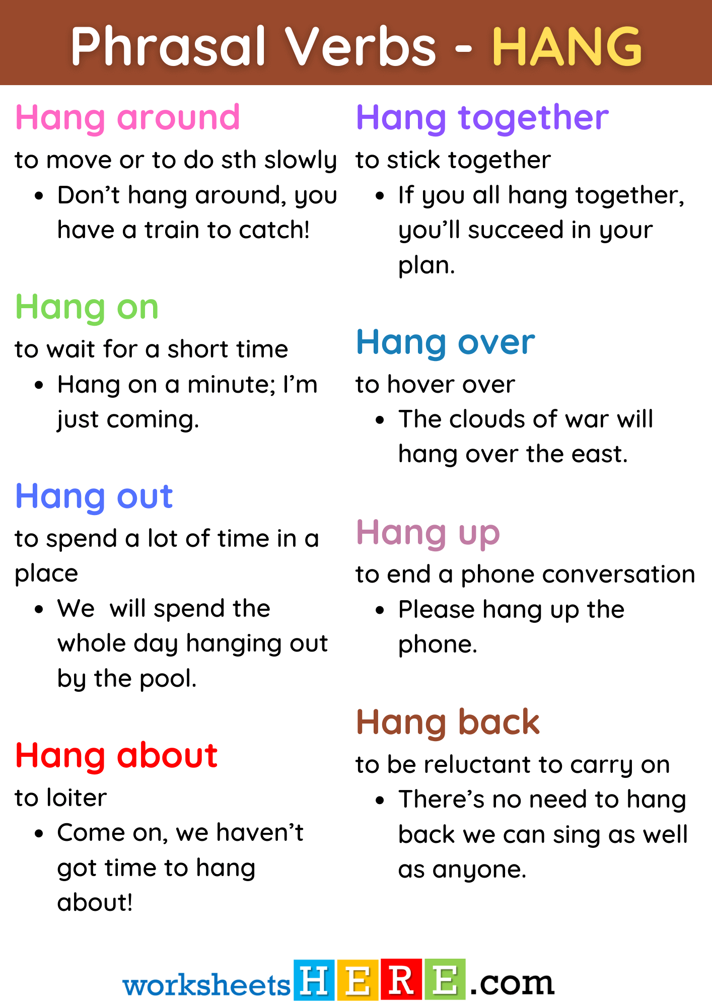Phrasal Verbs with HANG, Meanings and Example Sentences PDF Worksheet For Students
