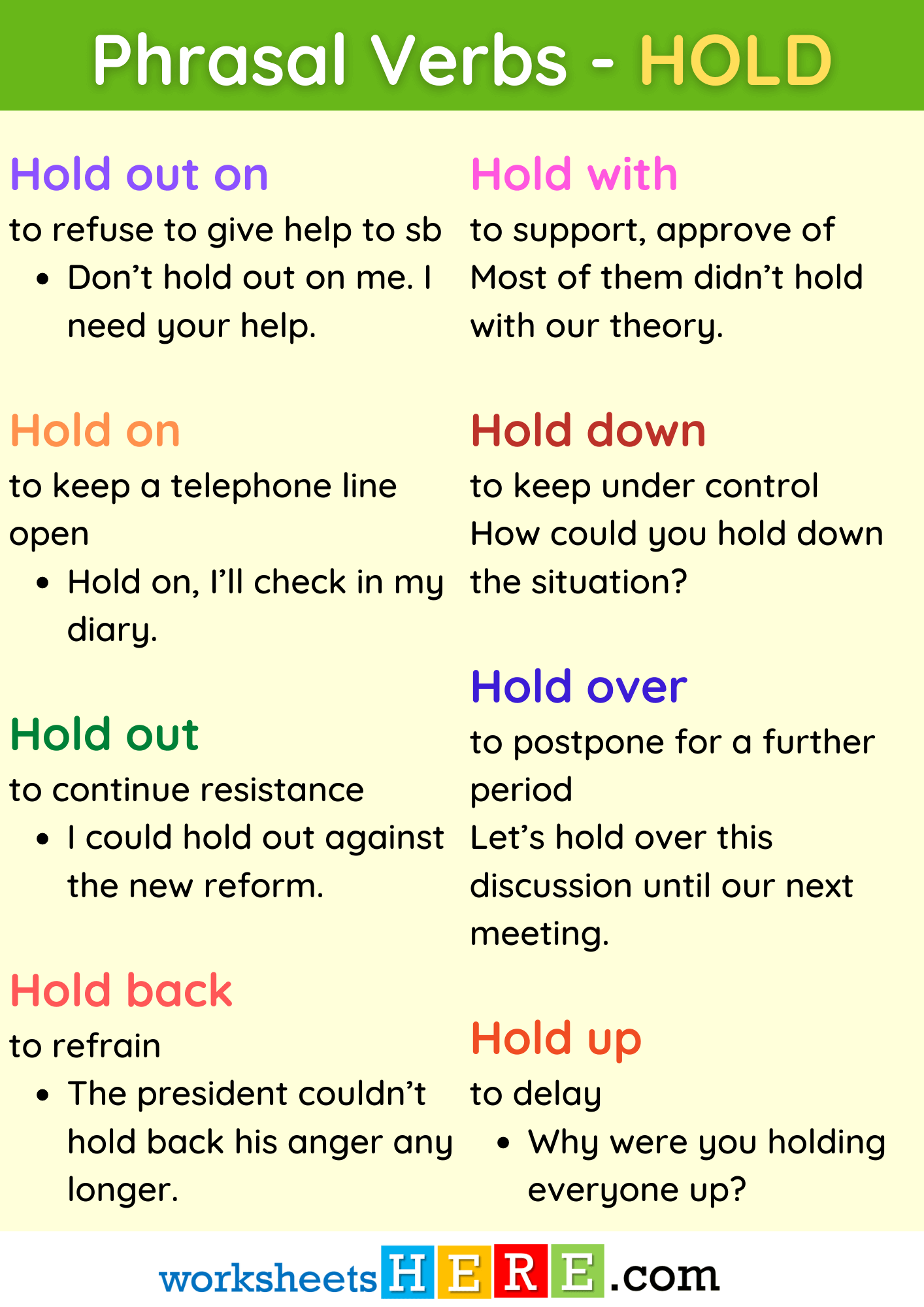 Phrasal Verbs with HOLD Definition and Example Sentences PDF Worksheet