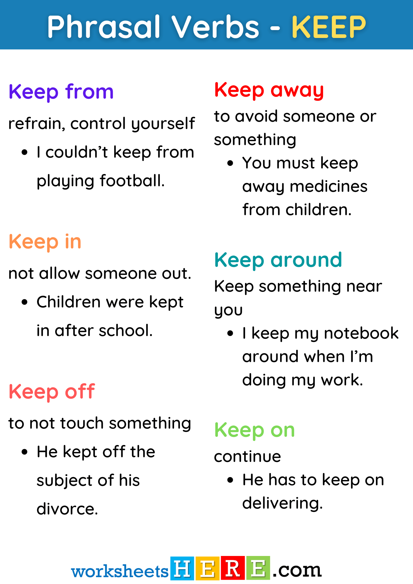 Phrasal Verbs with KEEP Definition and Example Sentences PDF Worksheet