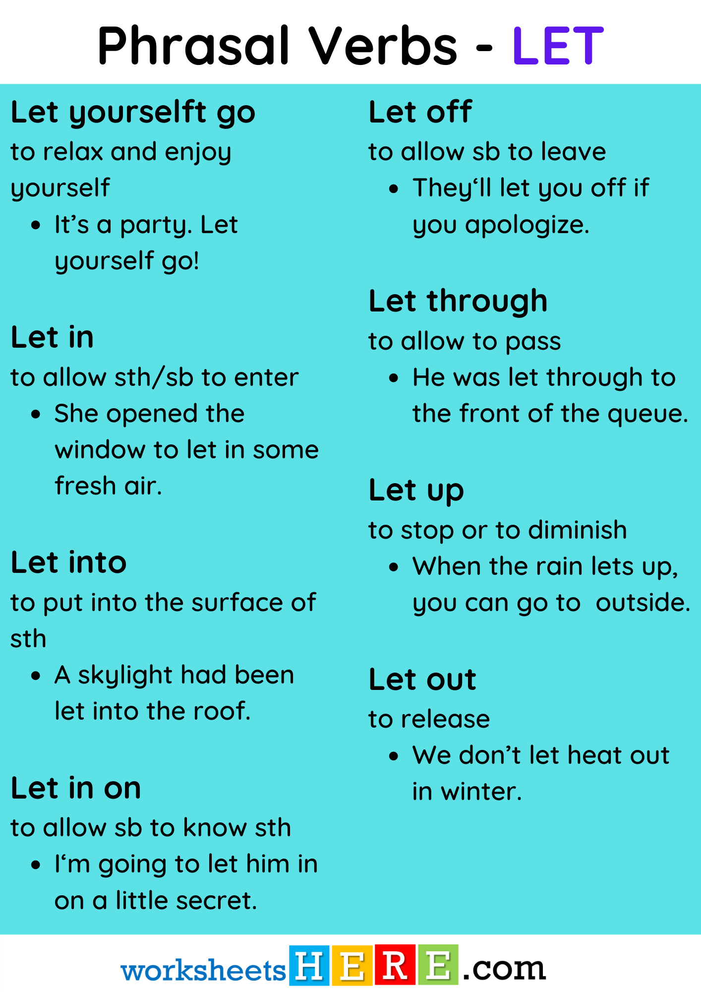 Phrasal Verbs with LET Definition and Example Sentences PDF Worksheet