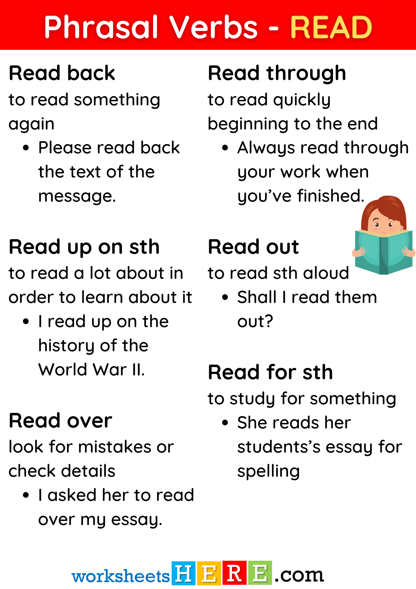 Phrasal Verbs with READ Definition and Example Sentences PDF Worksheet For Students
