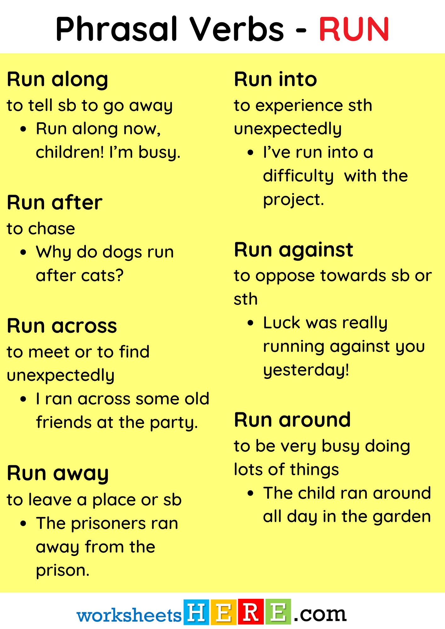 Phrasal Verbs with RUN Definition and Example Sentences PDF Worksheet