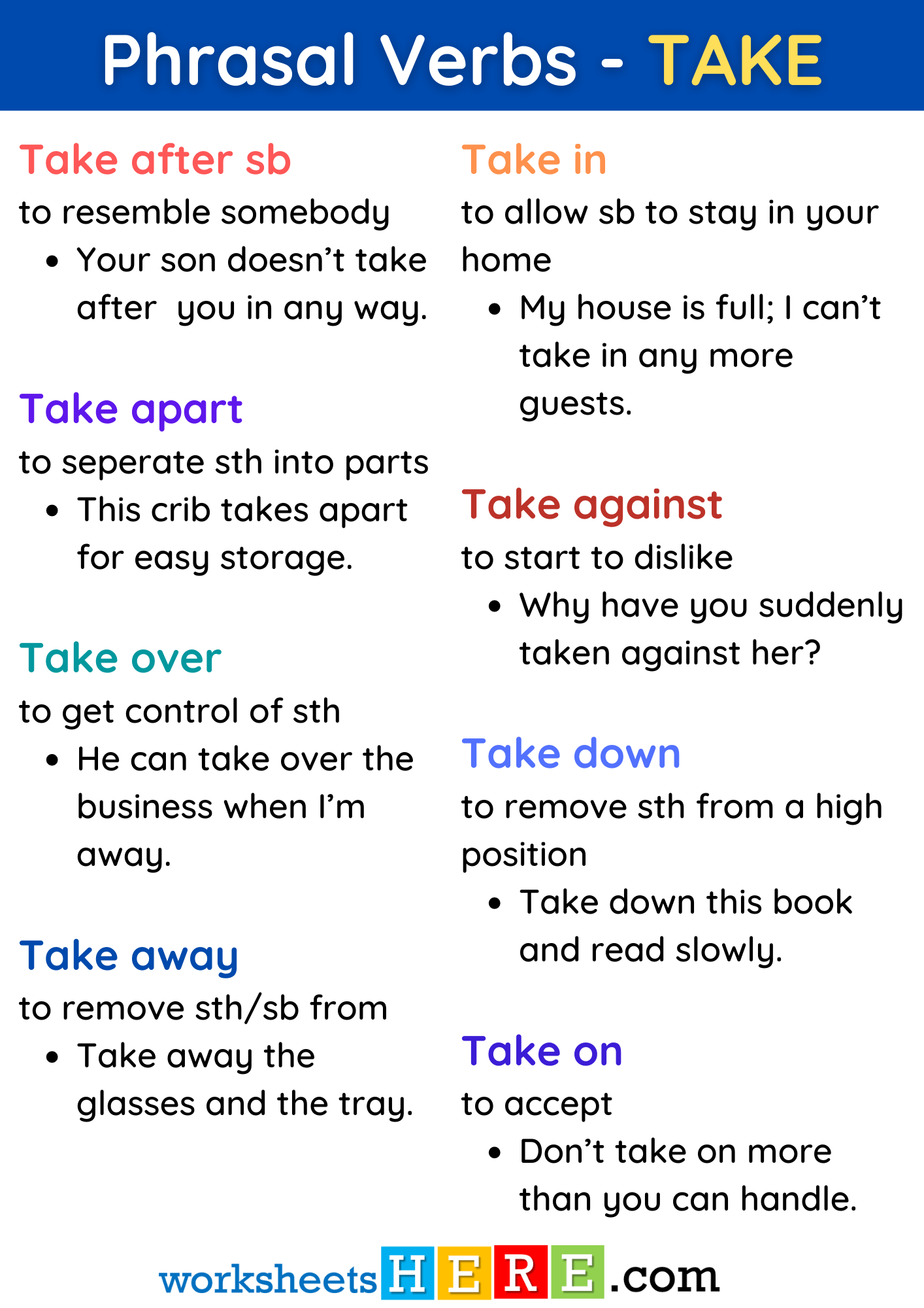 Phrasal Verbs with TAKE Definition and Example Sentences PDF Worksheet