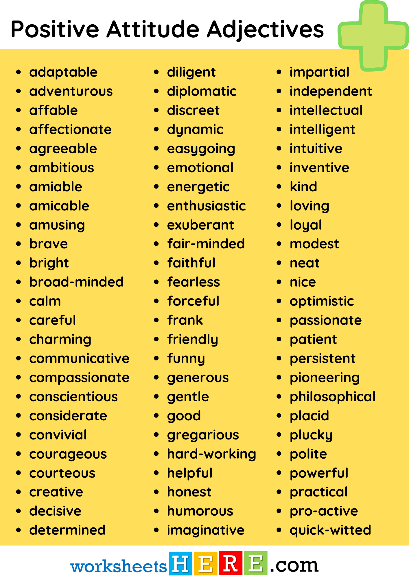 Positive Attitude Adjectives List PDF Worksheet For Student and Kids