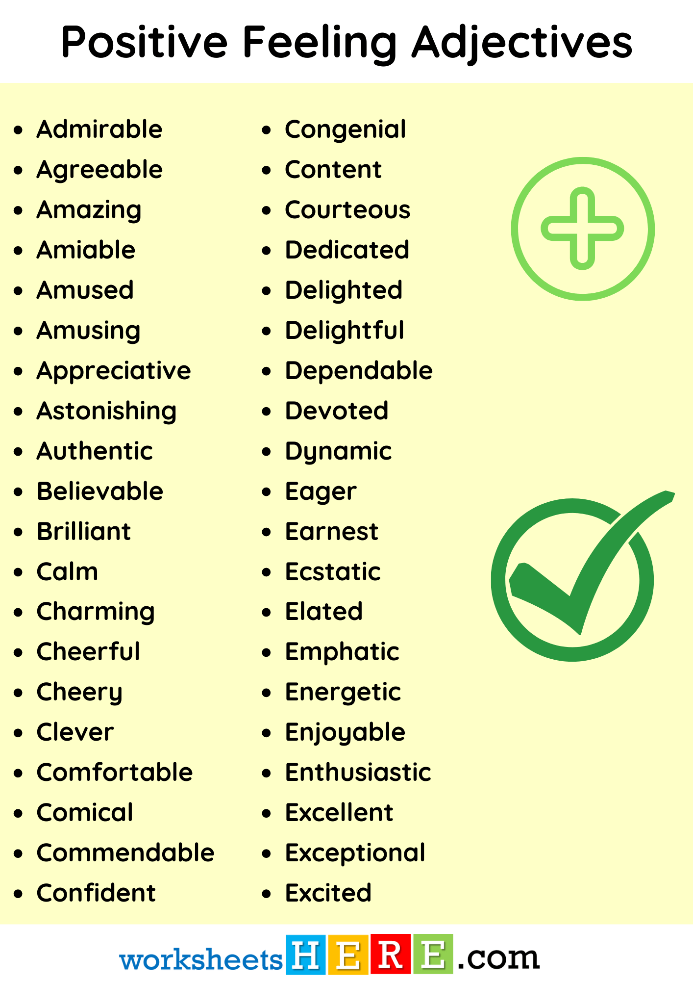 Positive Feeling Adjectives List PDF Worksheet For Students