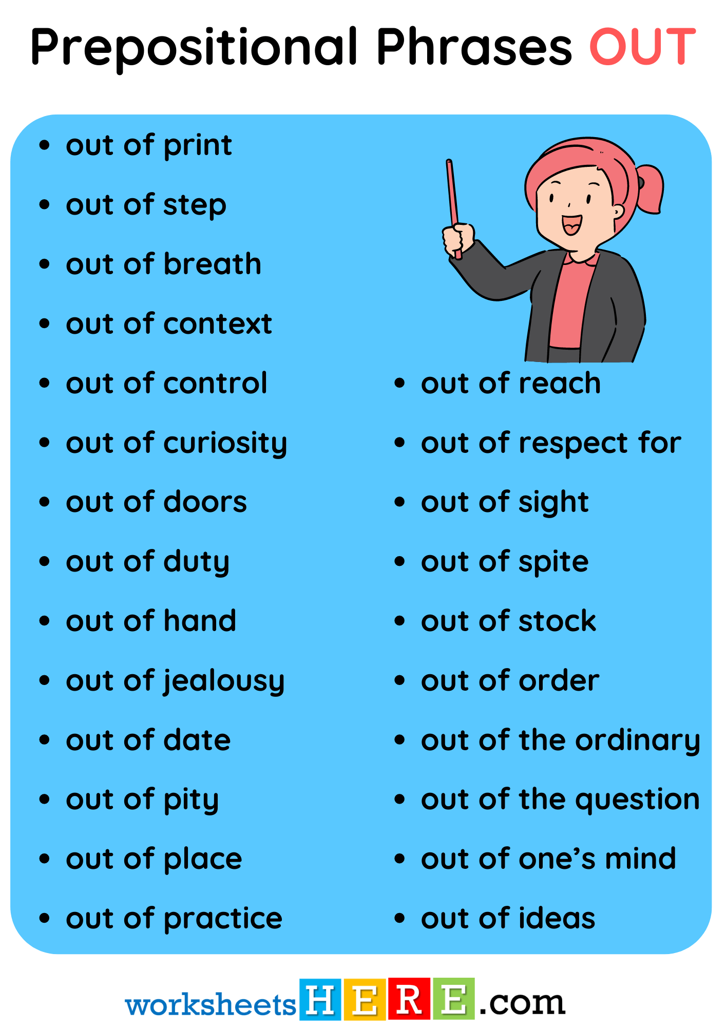 Prepositional Phrases OUT and Example Sentences PDF Worksheet For Students