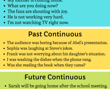 Present Past and Future Continuous Tense Example Sentences PDF Worksheet