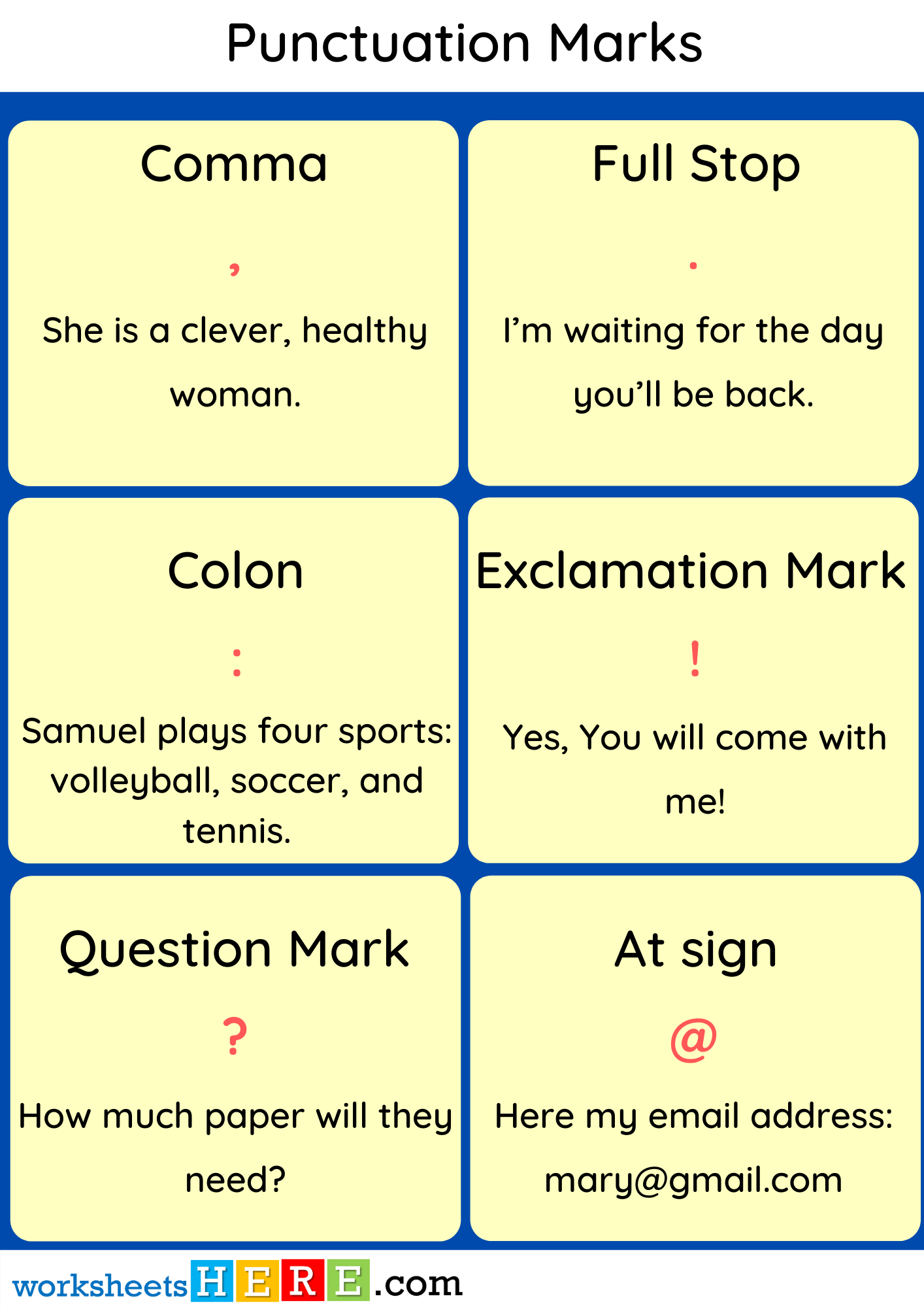Punctuation Marks, Symbols and Example Sentences PDF Worksheet
