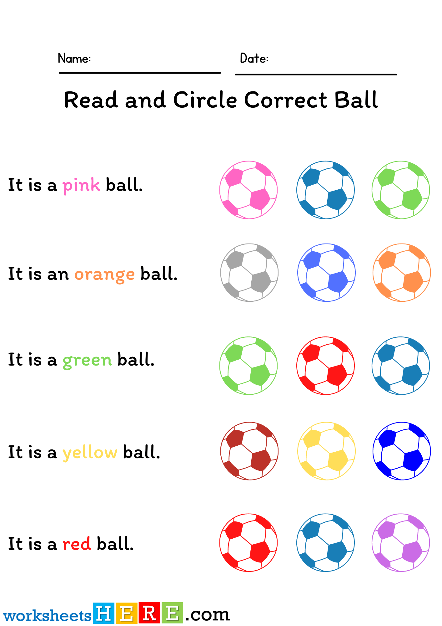 Read and Circle Correct Ball, Colors Activity PDF Worksheet For Kindergarten