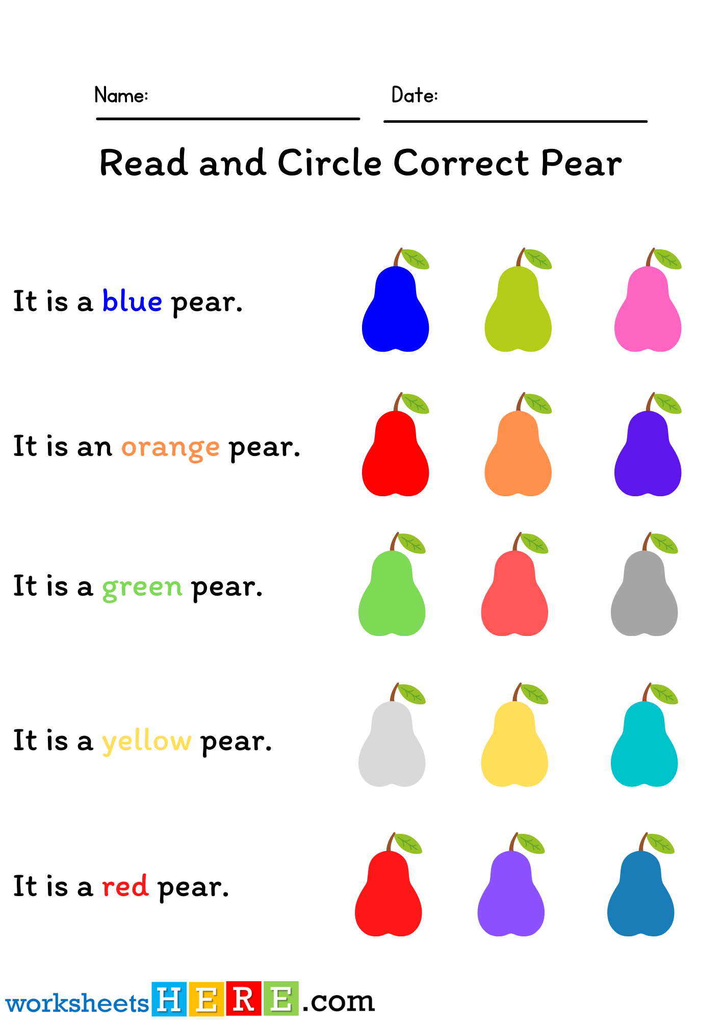 Read and Circle Correct Pear, Colors Activity PDF Worksheet For Kindergarten