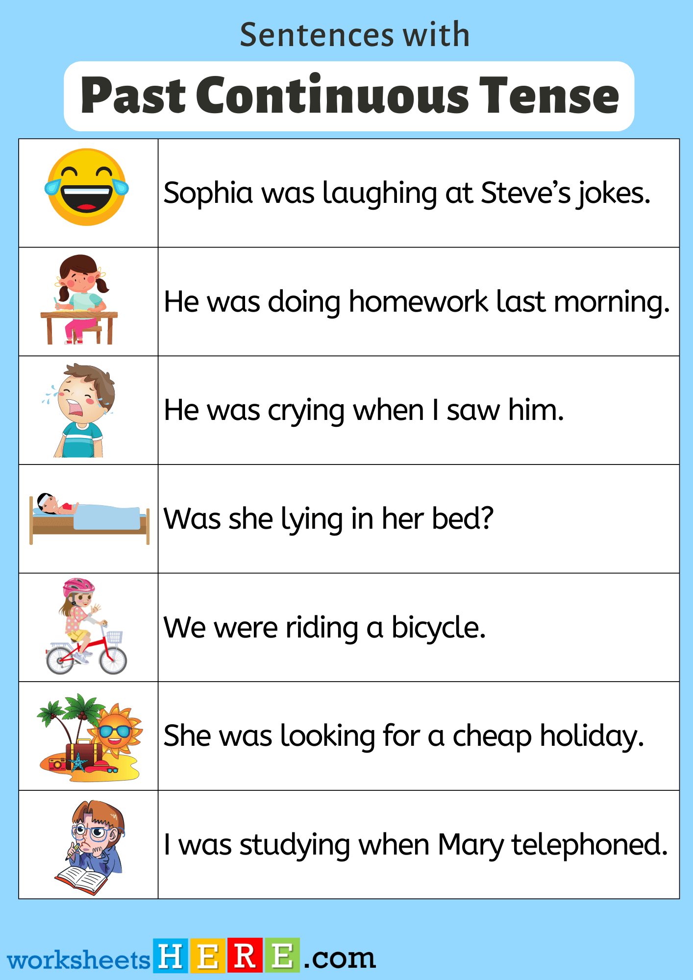Sentences with Past Continuous Tense Examples with Pictures PDF Worksheet For Students