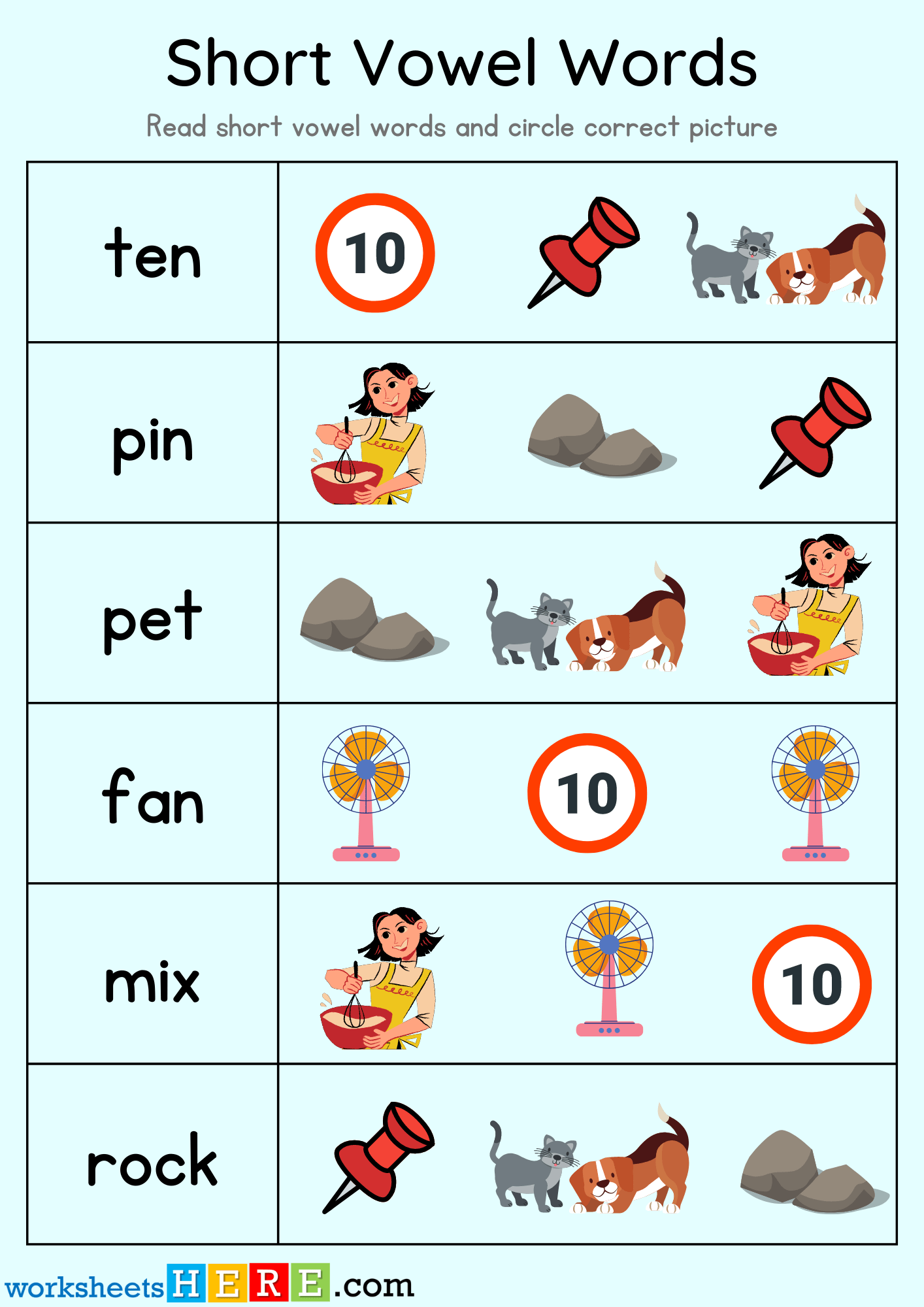 Short Vowel Pictures and Words Matching PDF Worksheet For Kindergarten