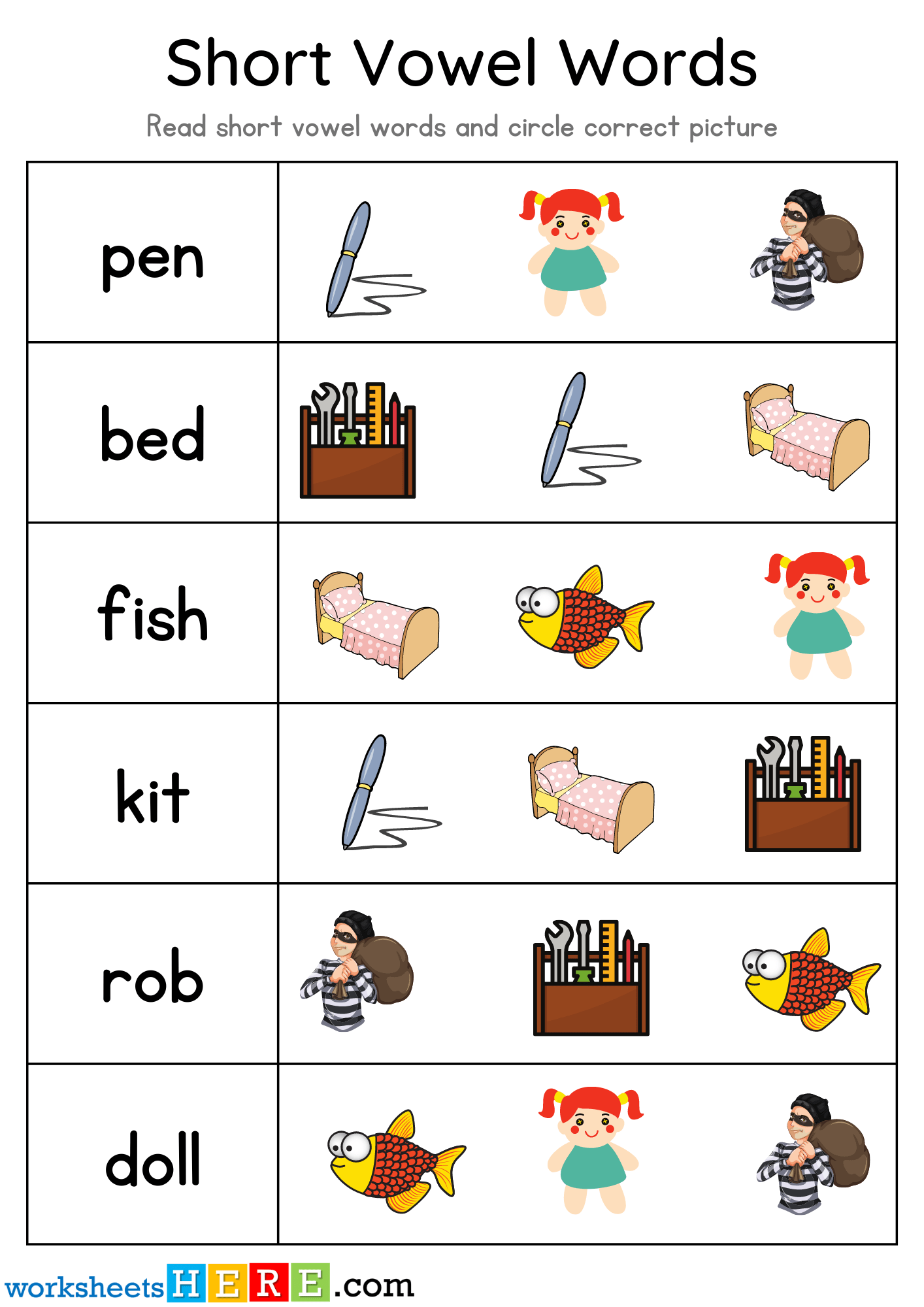 Short Vowel Words Matching PDF Worksheet For Kids
