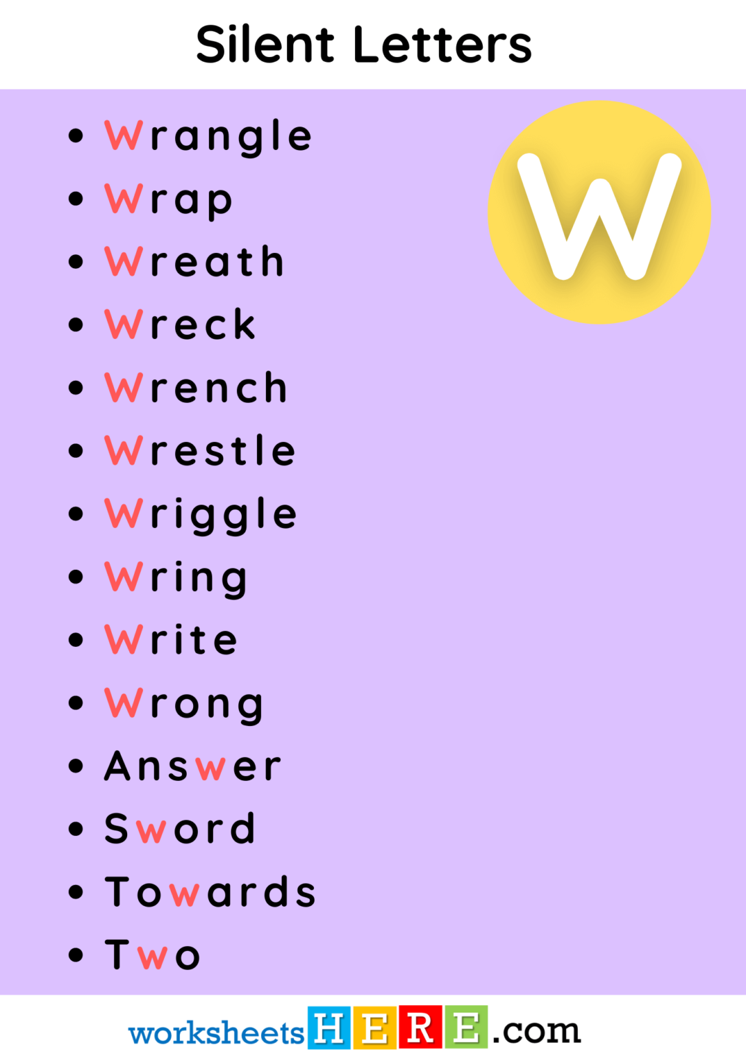Silent Letters with W Words List PDF Worksheet For Students